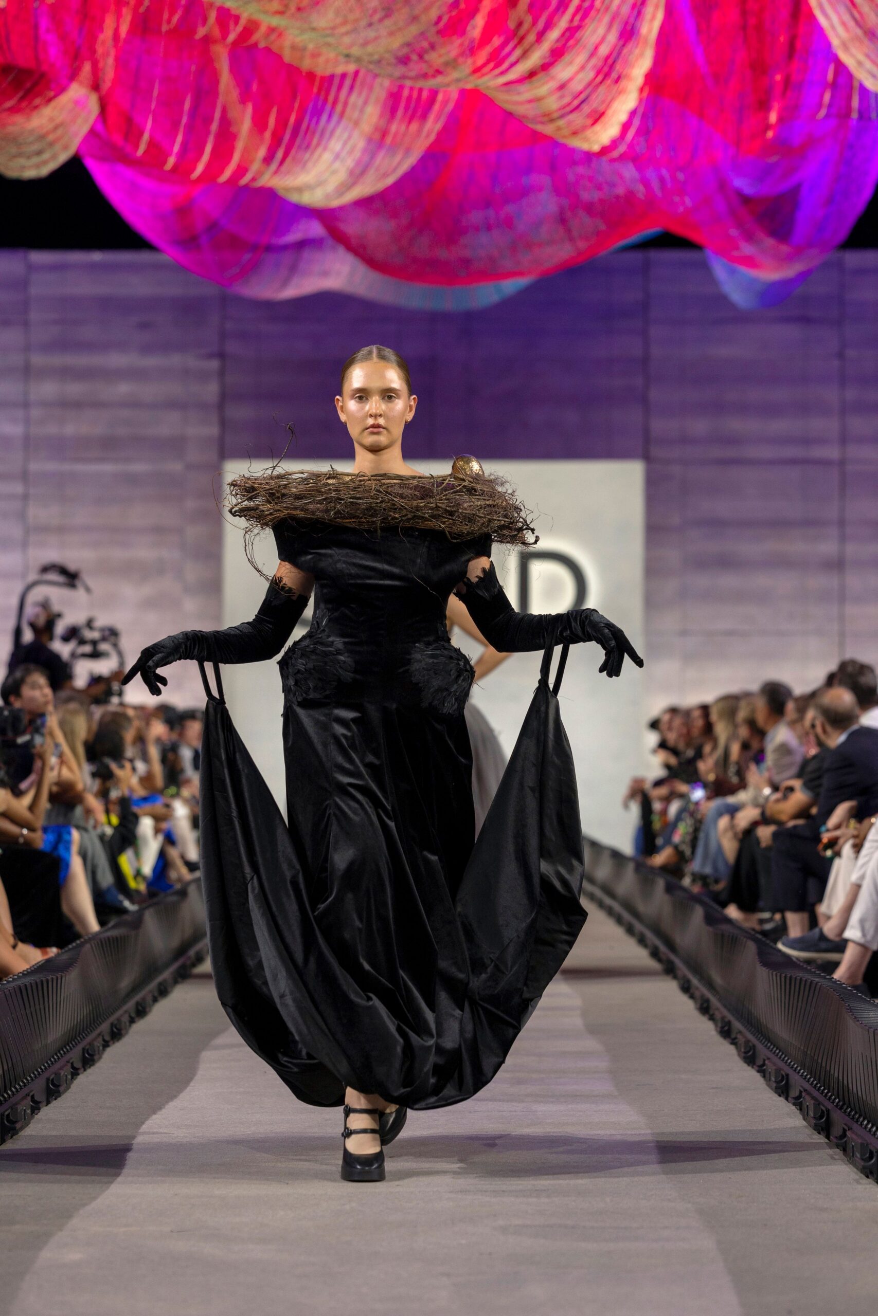 black silk long-sleeve v-neck fitted draped maxi gown