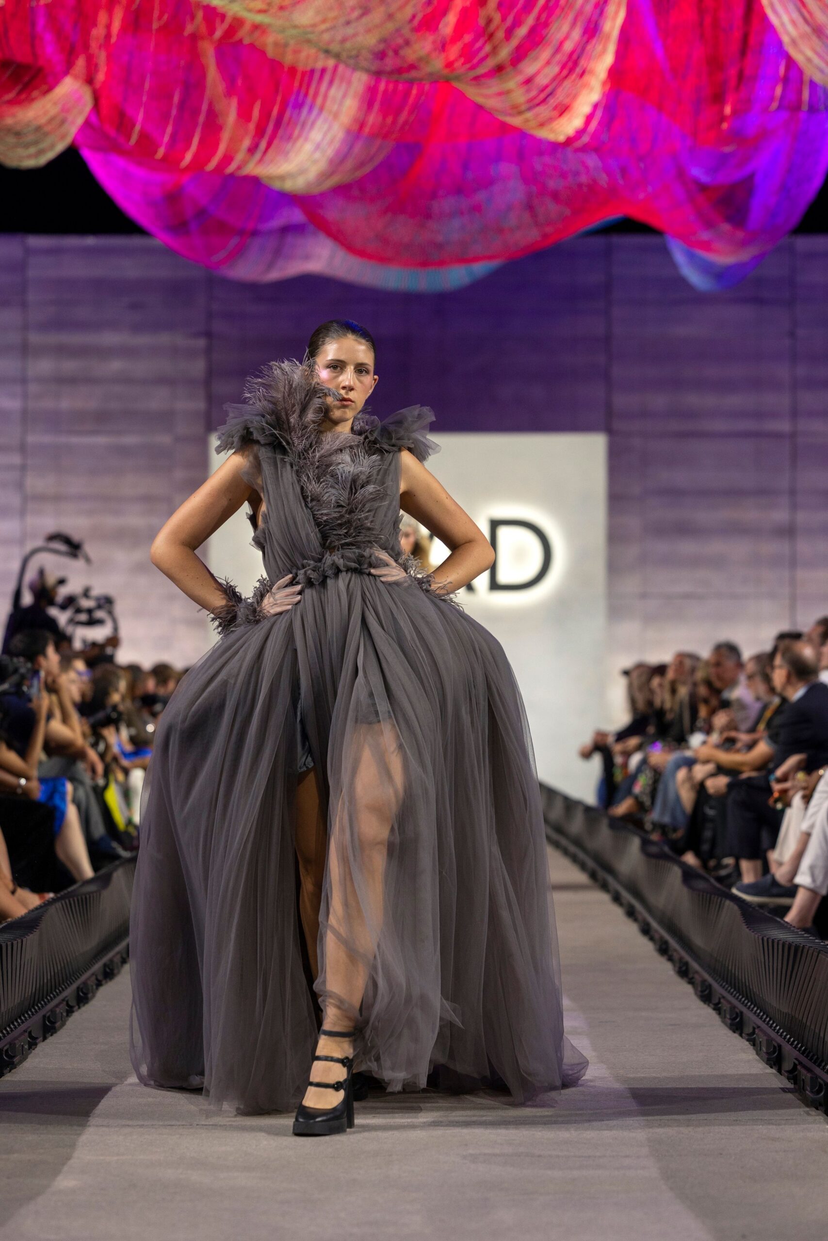 gray tulle sleeveless v-neck fitted layered ruffled gown