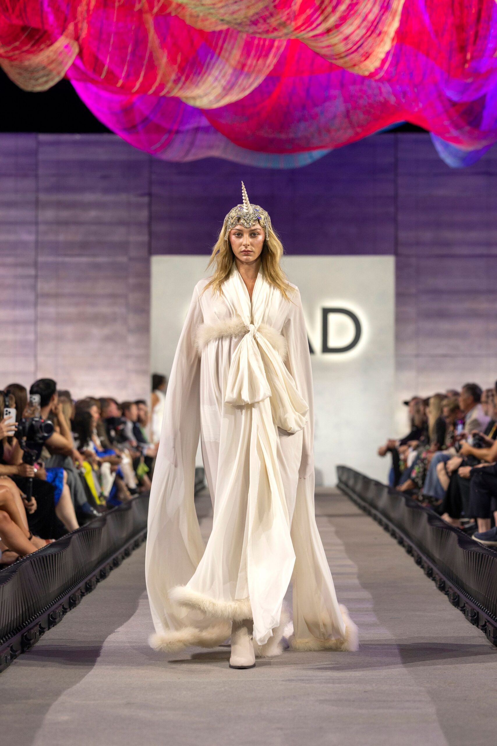 white silk long-sleeve v-neck relaxed draped flowing gown