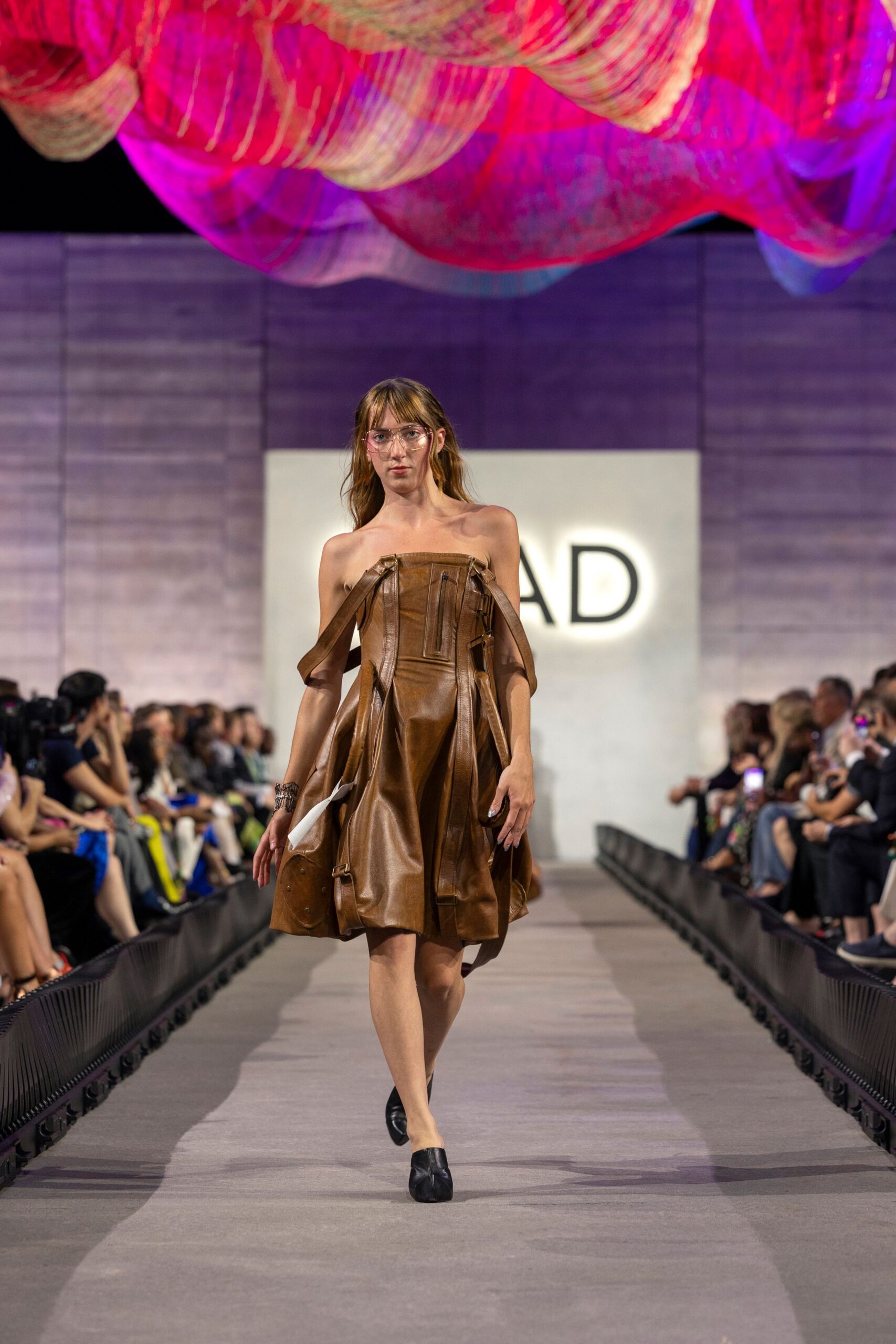 brown leather sleeveless off-shoulder fitted a-line mini dress