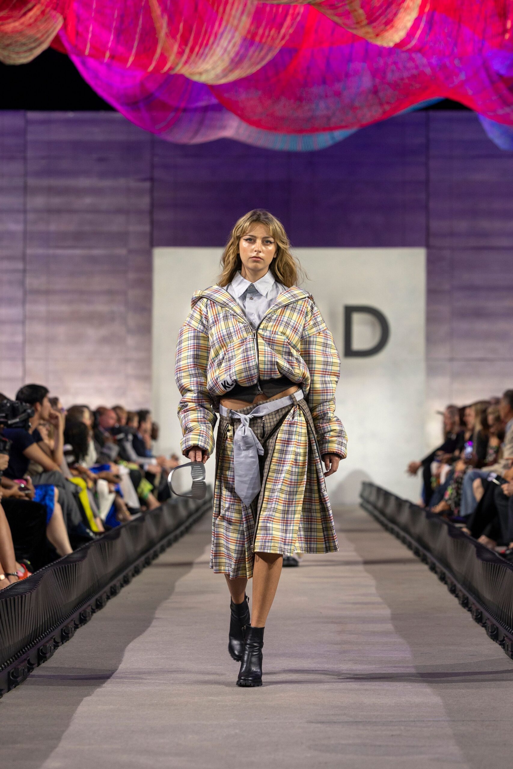 multi cotton long-sleeve collared relaxed checked midi coat
