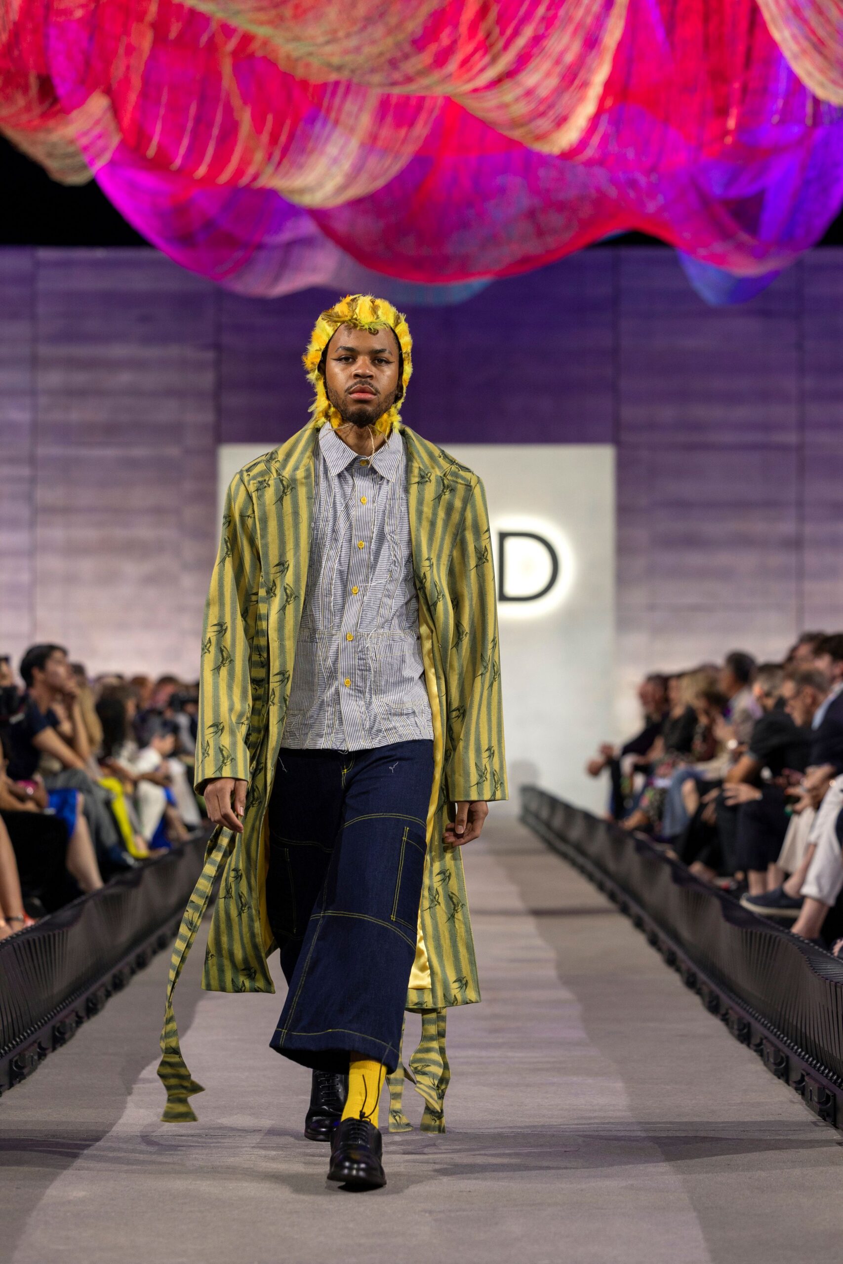 yellow cotton long-sleeve collared relaxed striped draped coat