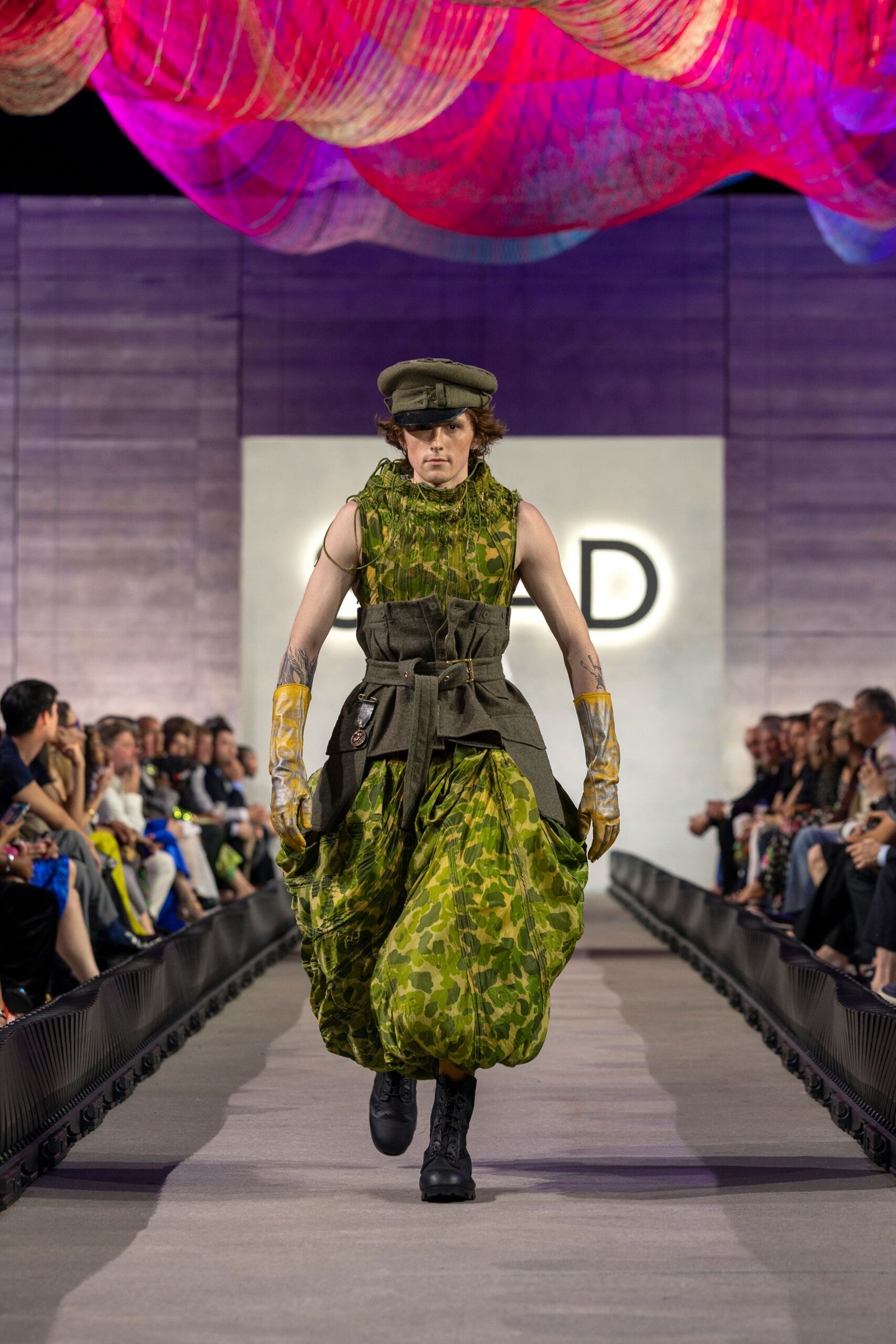 green cotton sleeveless high-neck relaxed camouflage tiered dress