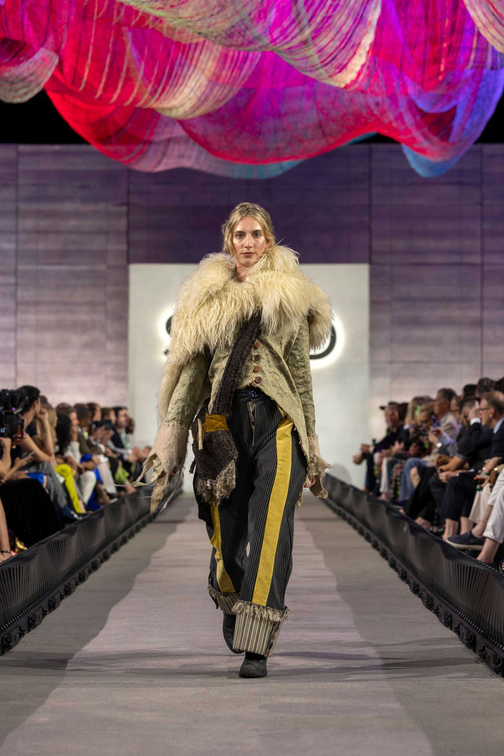 beige fur long-sleeve collared relaxed layered fringed coat