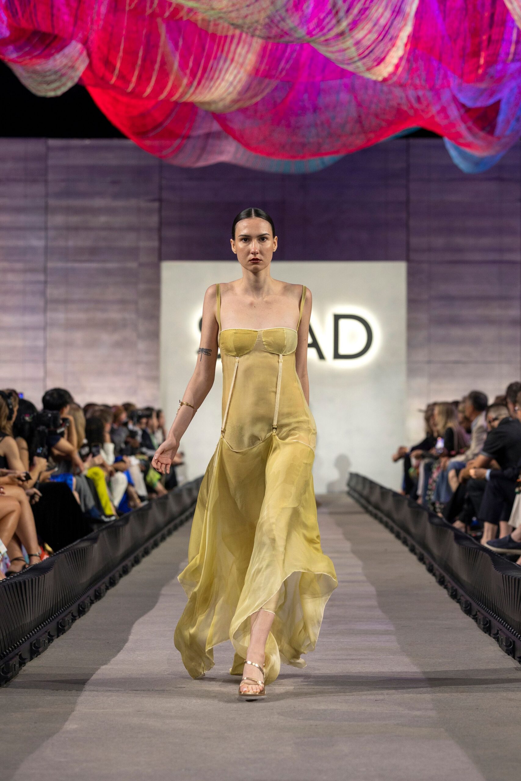 yellow silk sleeveless v-neck fitted flowing sheer dress