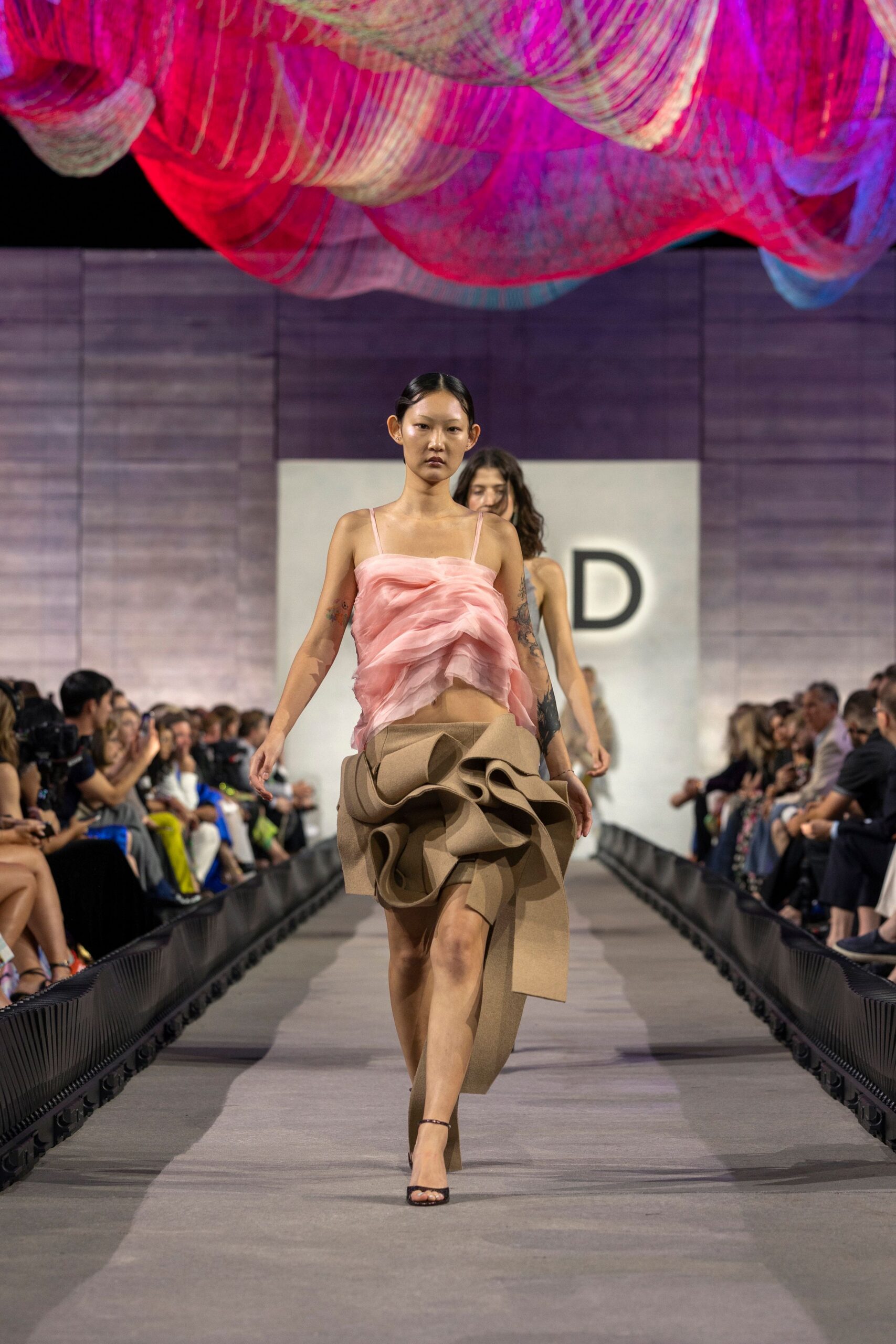 pink silk sleeveless v-neck fitted draped midi dress