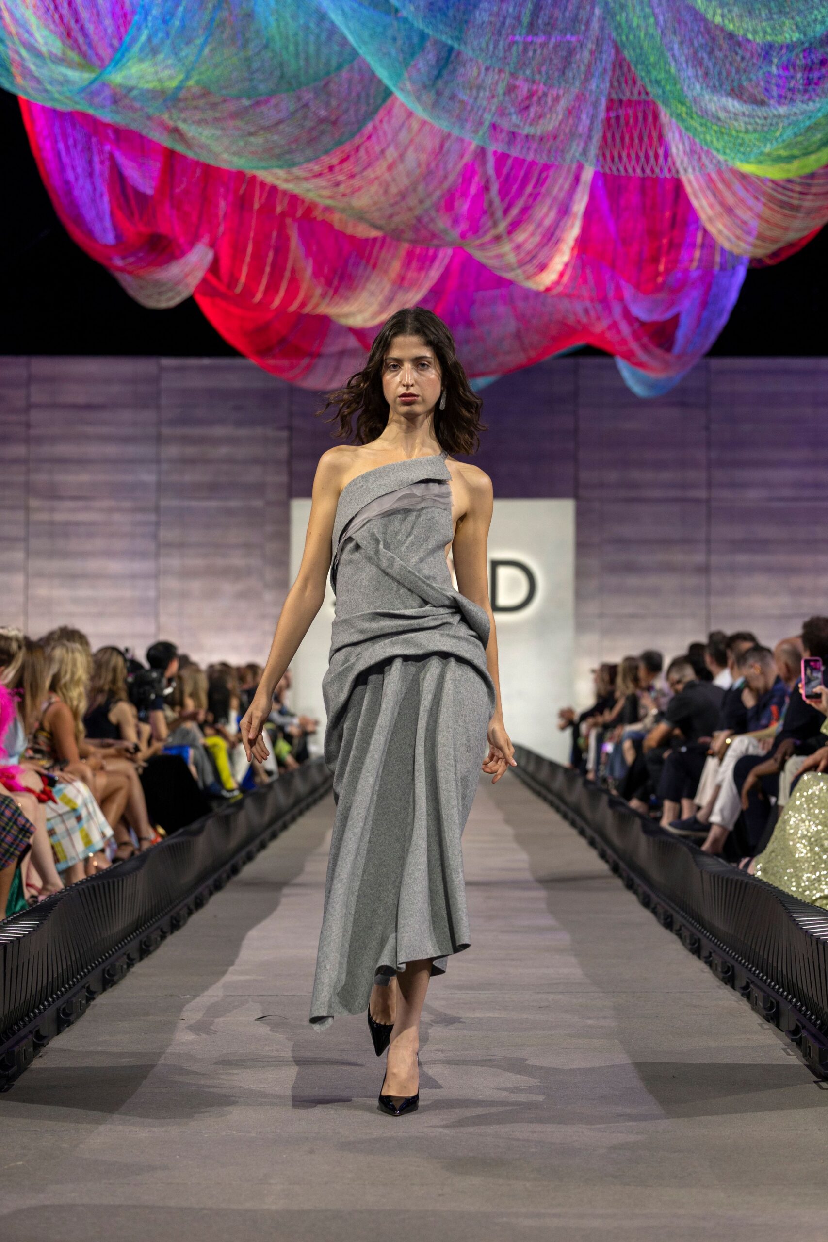 gray cotton strapless fitted draped midi dress