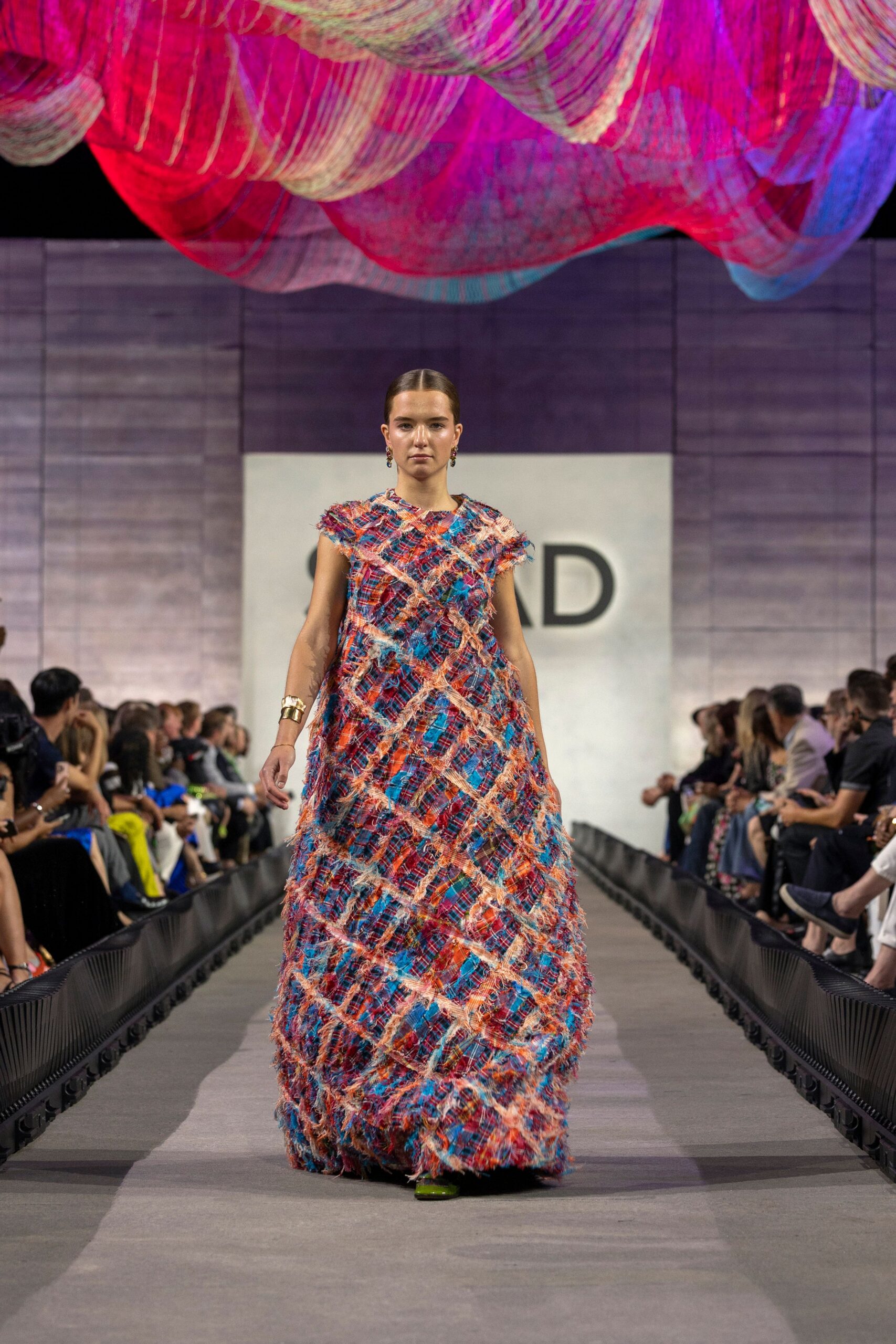 multi-colored layered maxi gown