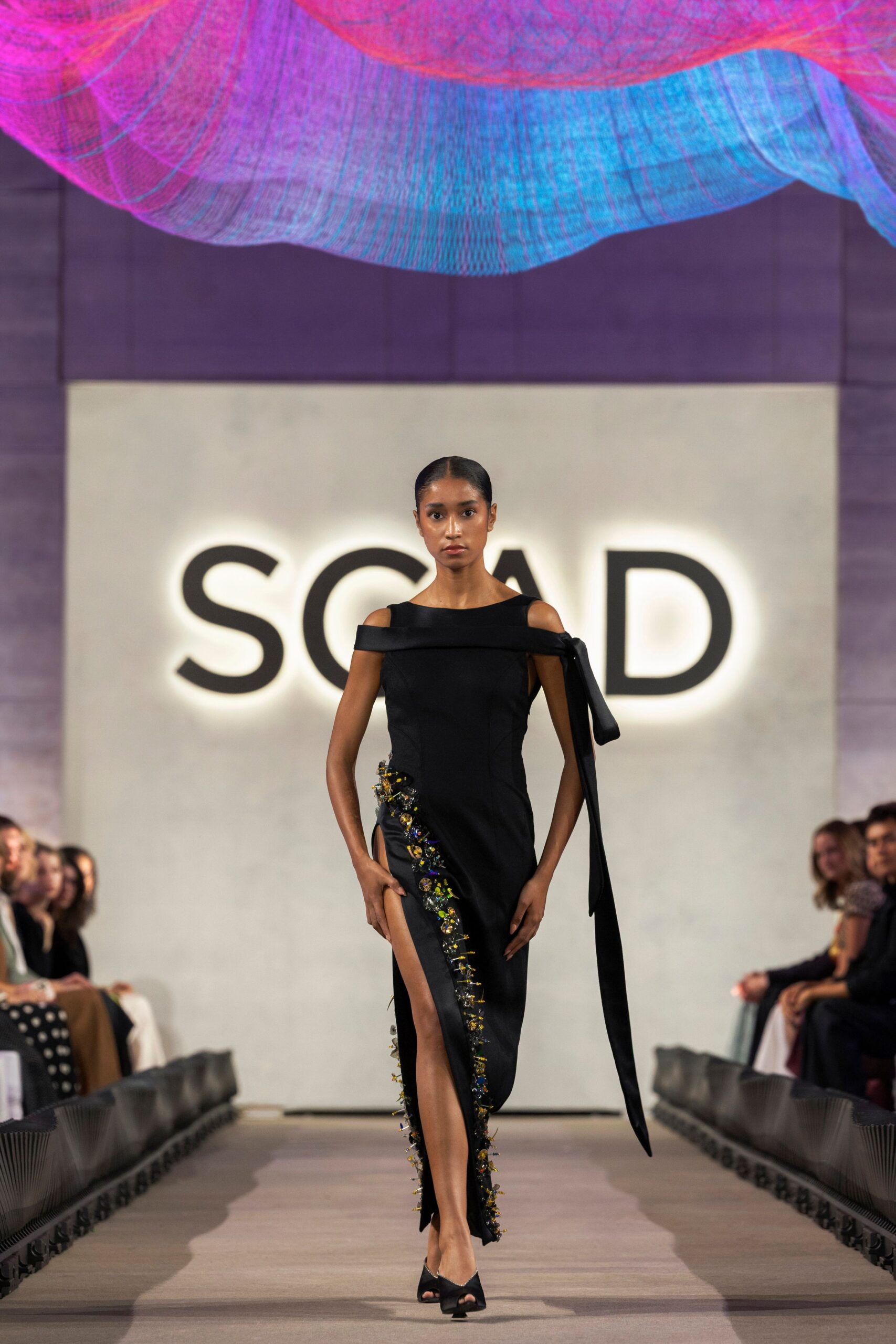 black silk off-shoulder slit fitted embroidered midi dress