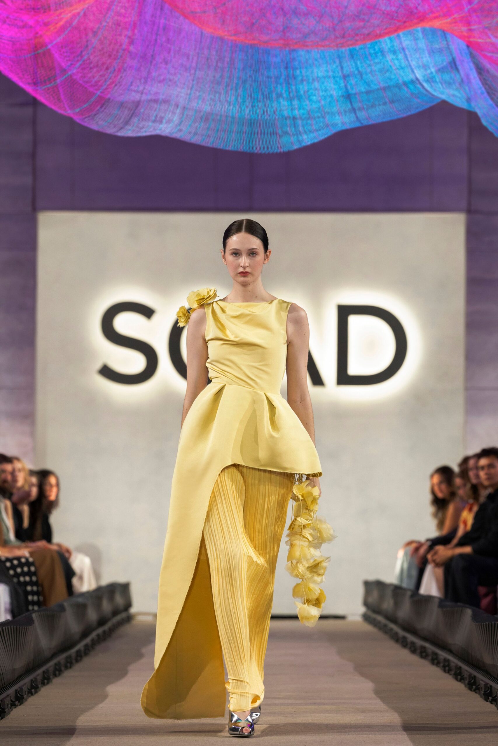 yellow silk sleeveless asymmetric fitted pleated ruffled dress