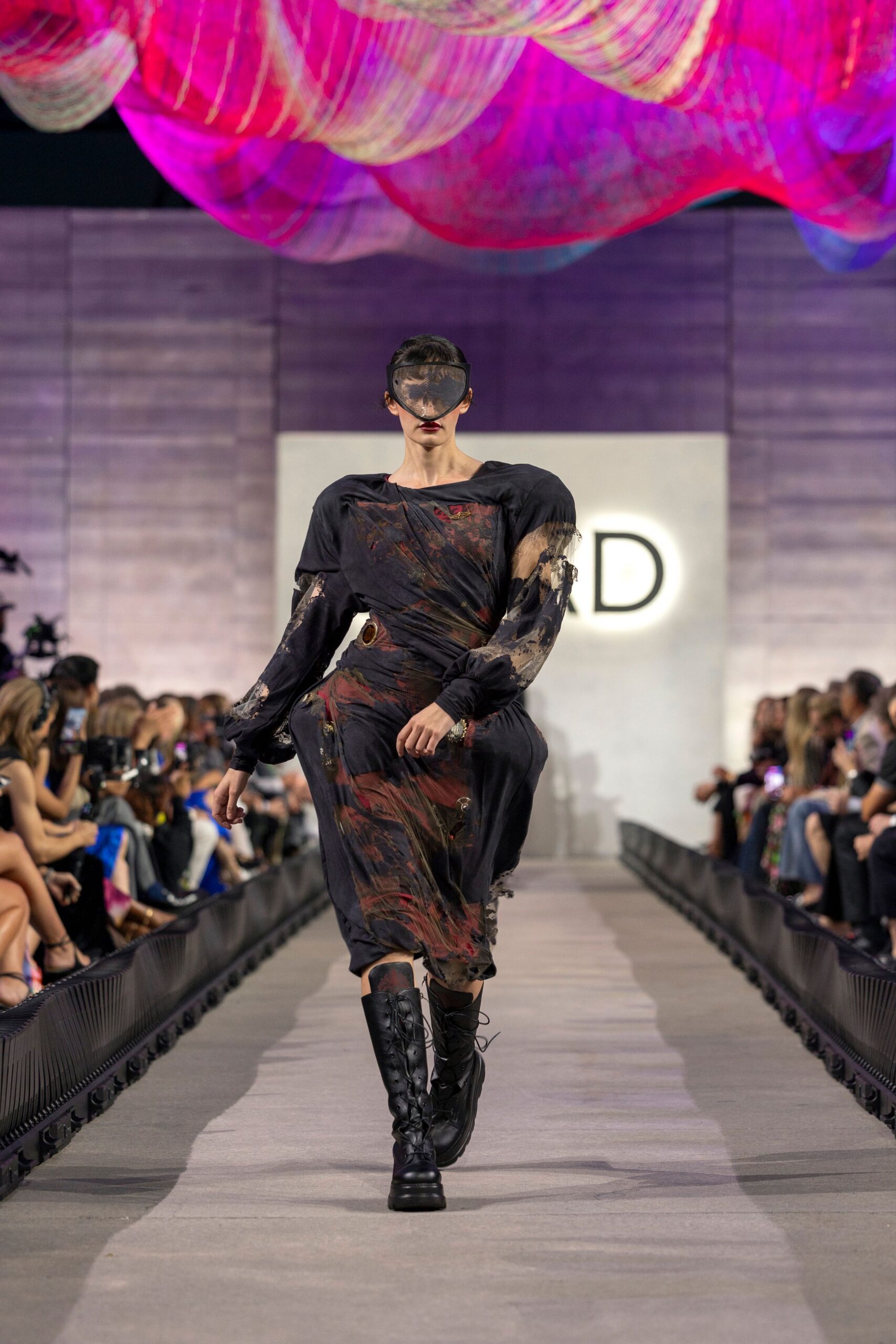 black silk long-sleeve v-neck fitted draped flowing dress