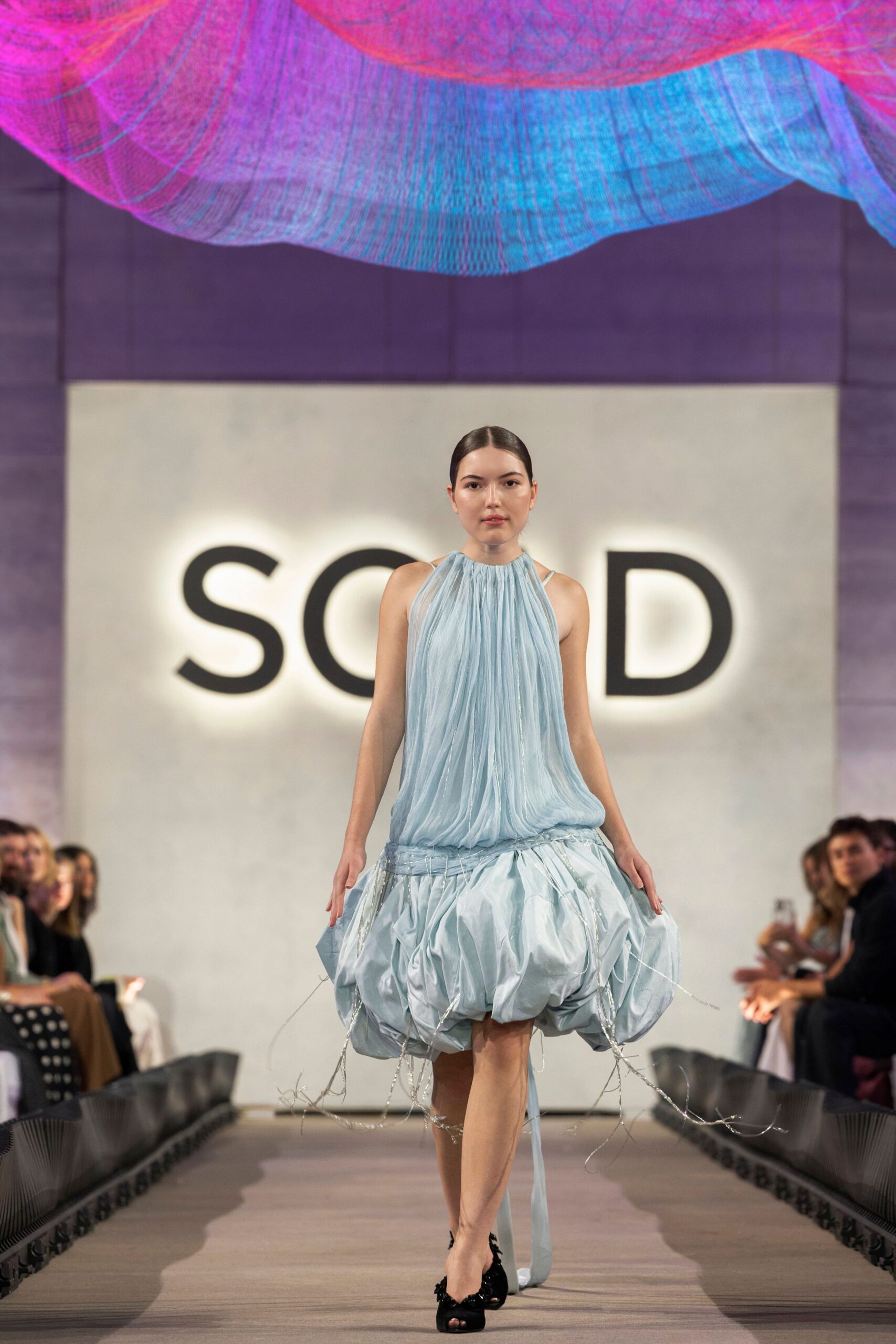 blue silk sleeveless high-neck relaxed pleated tiered dress