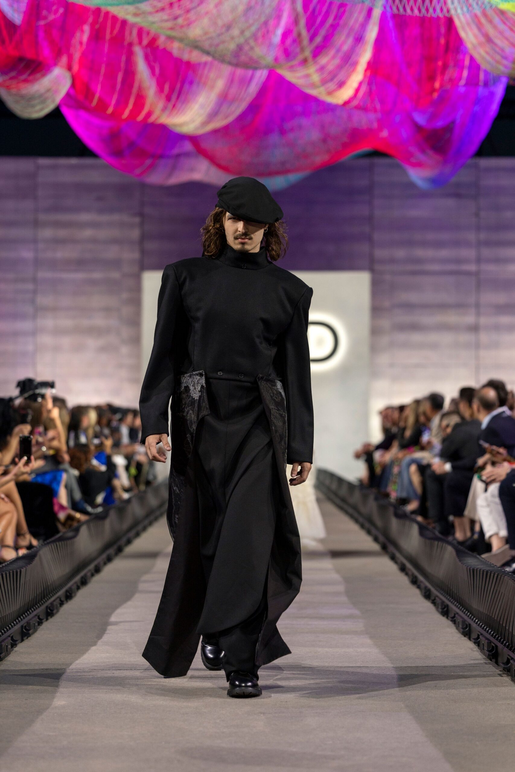 black cotton long-sleeve high-neck fitted layered maxi dress