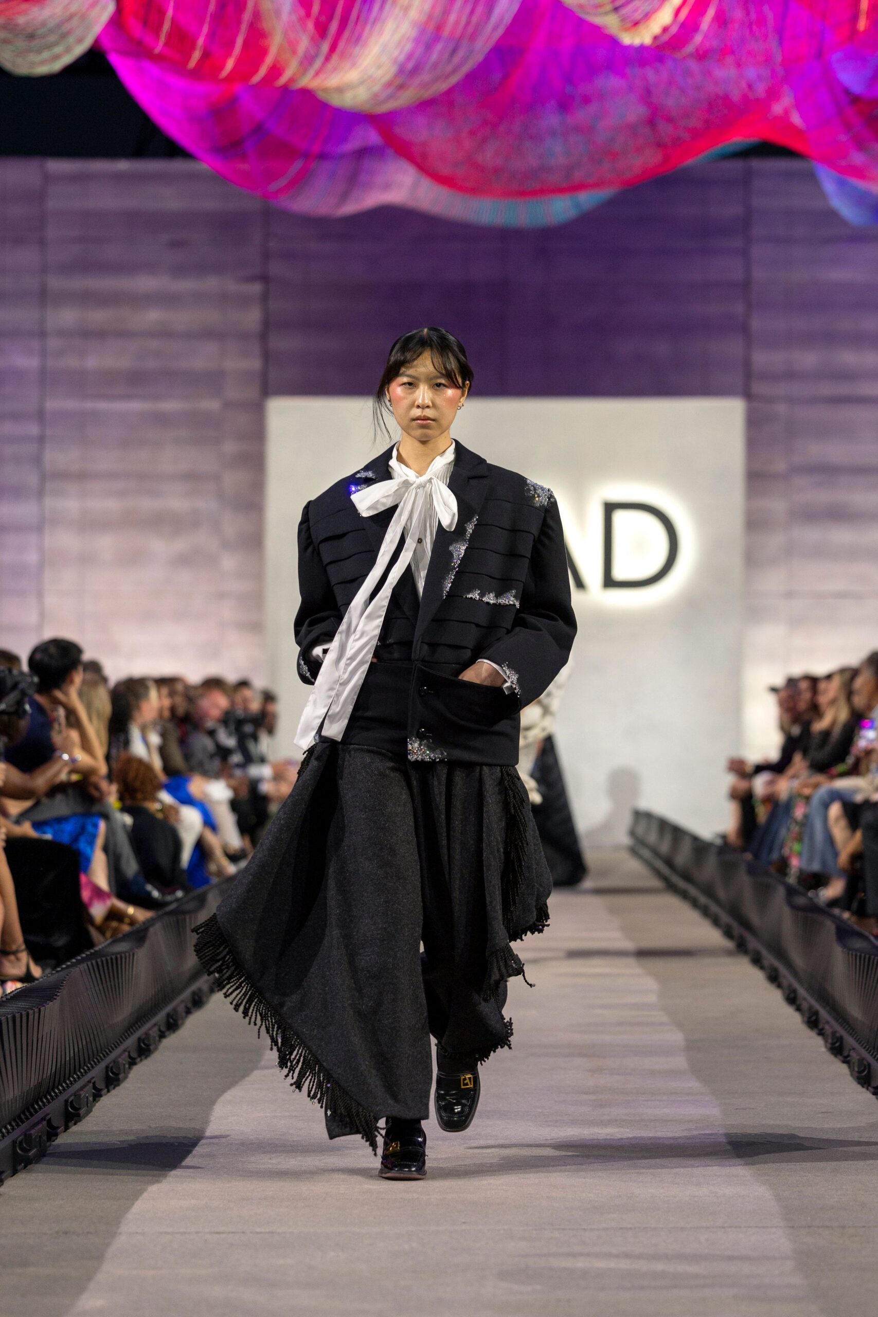 black wool relaxed tiered fringed skirt
