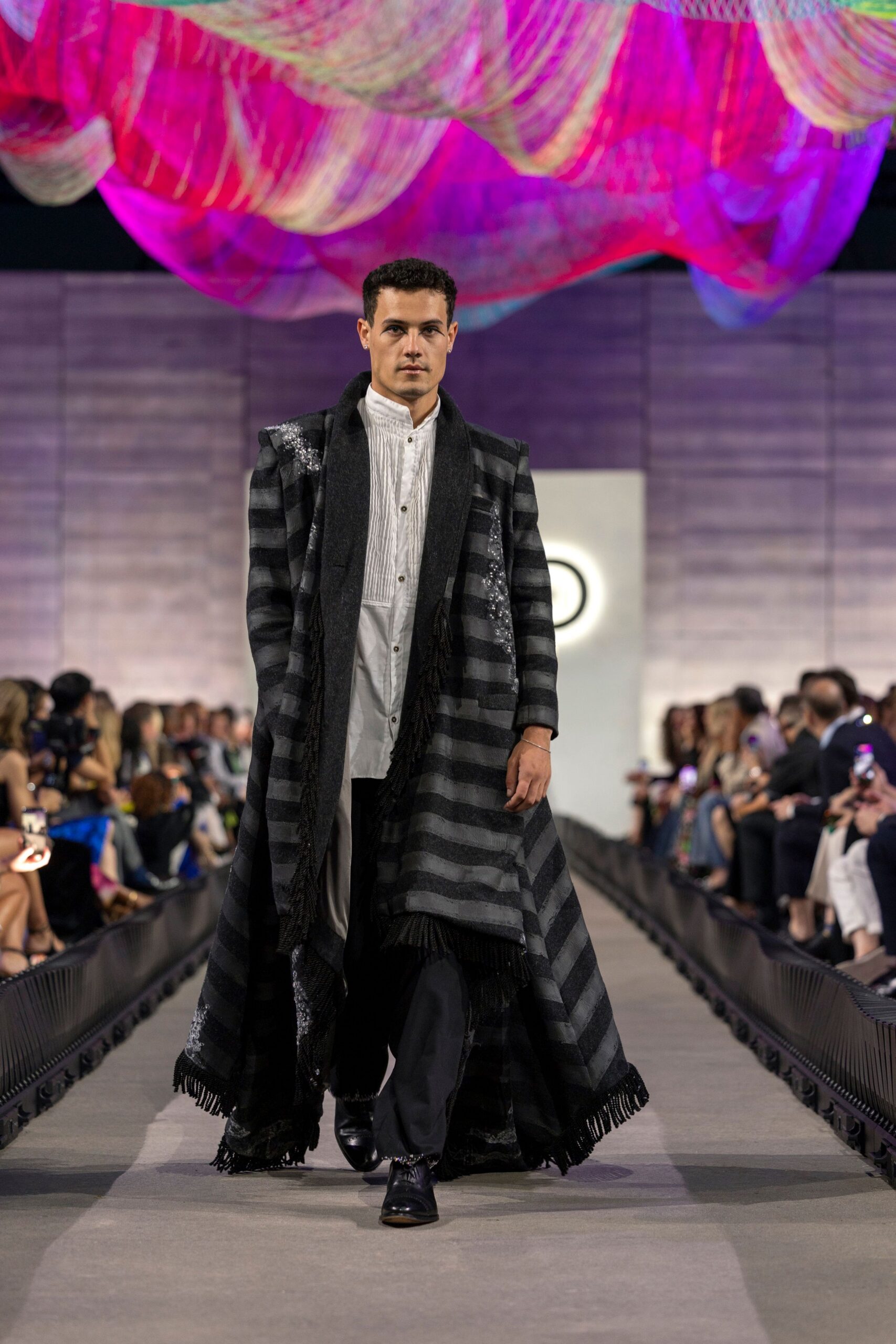 black wool long-sleeve collared relaxed striped fringed coat