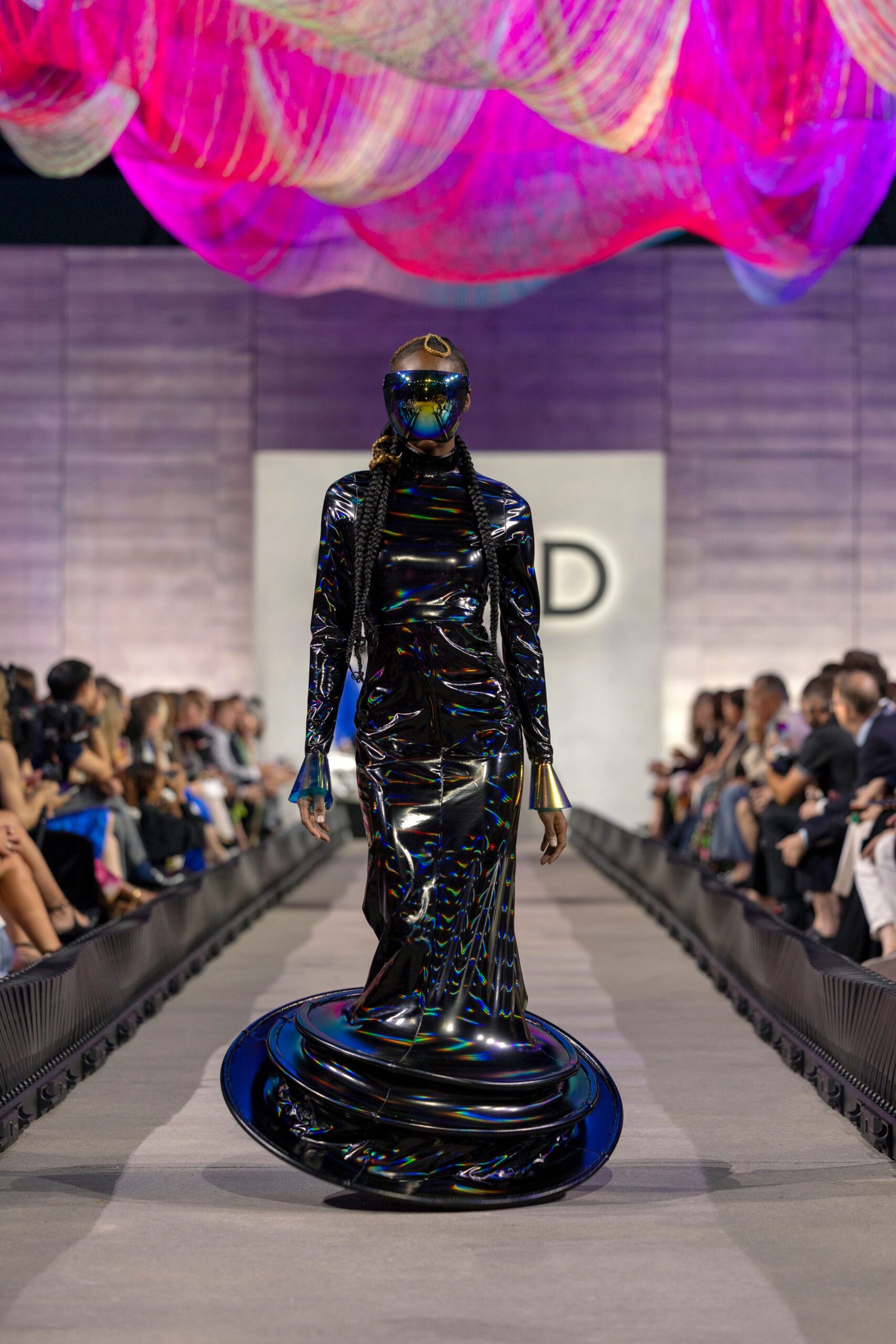 black and blue shiny vinyl gown
