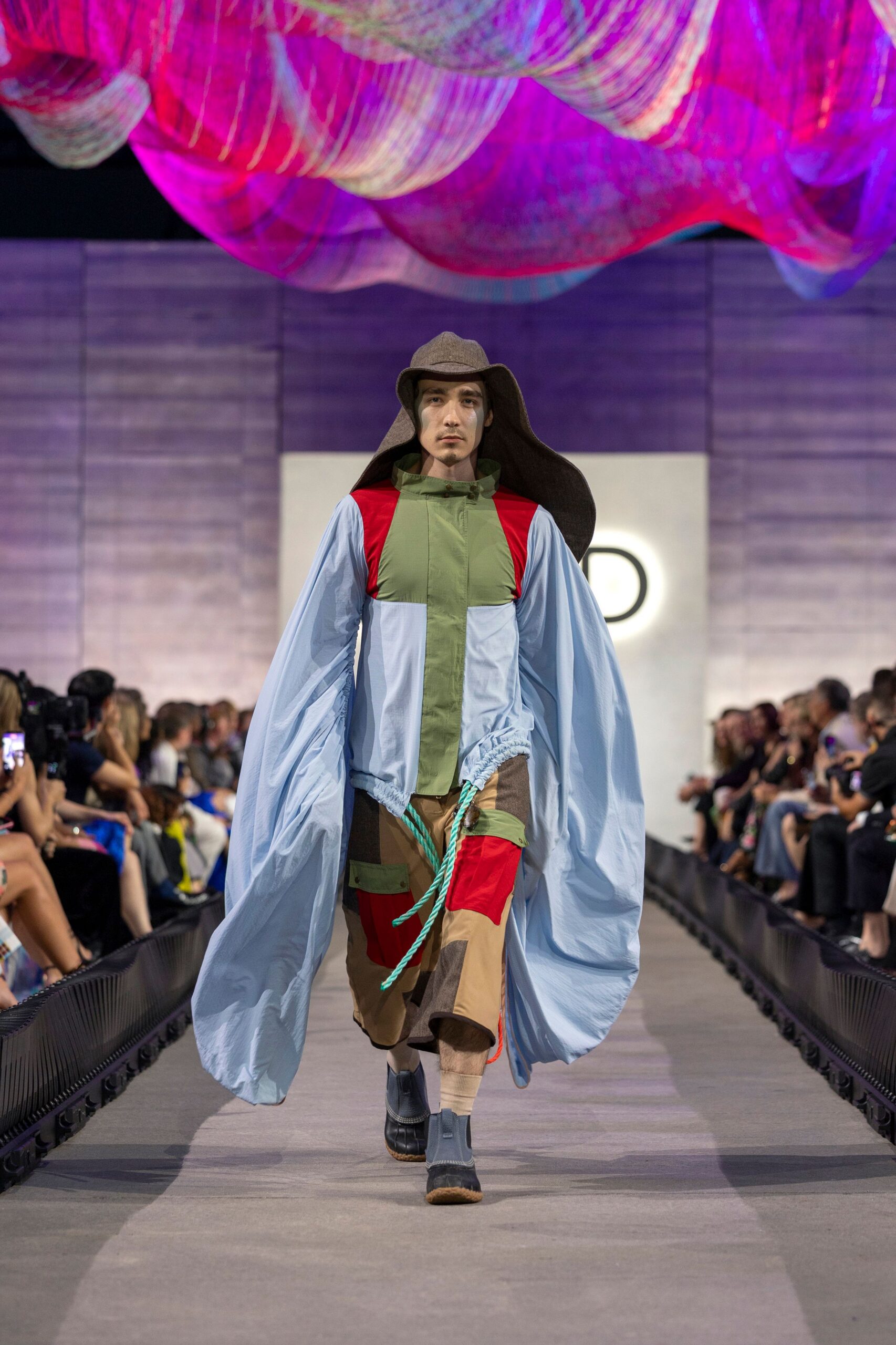blue cotton long-sleeve collared relaxed layered jacket