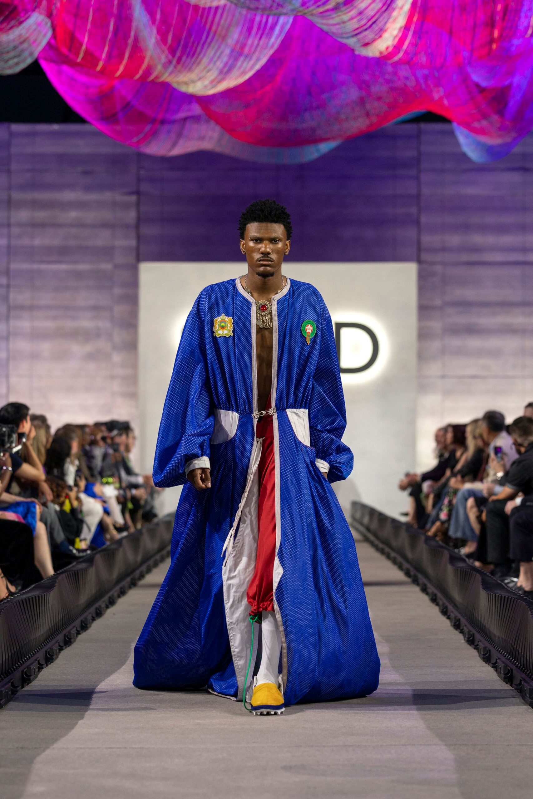 blue silk long-sleeve collared relaxed embroidered coat