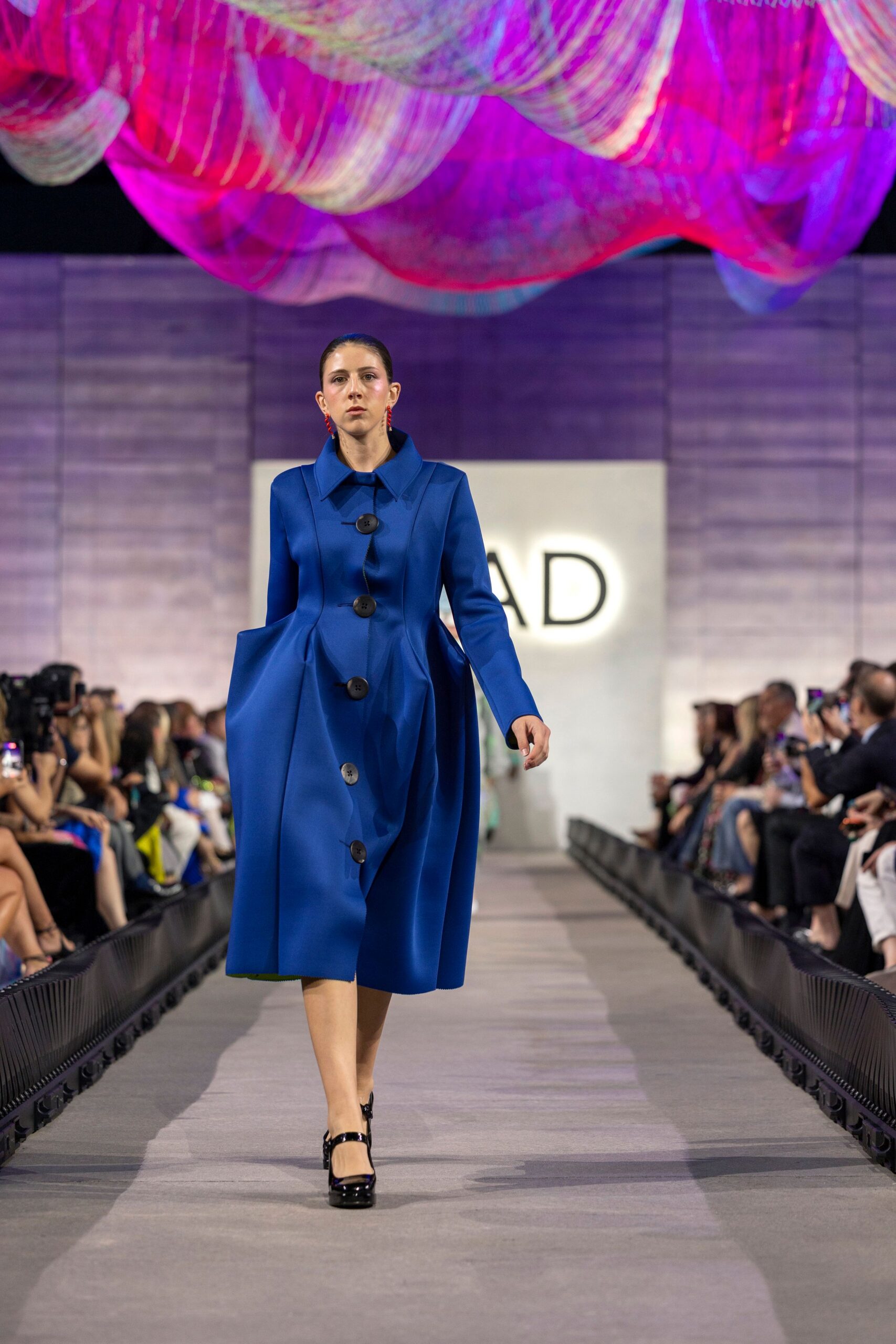 blue wool long-sleeve collared fitted buttoned midi coat