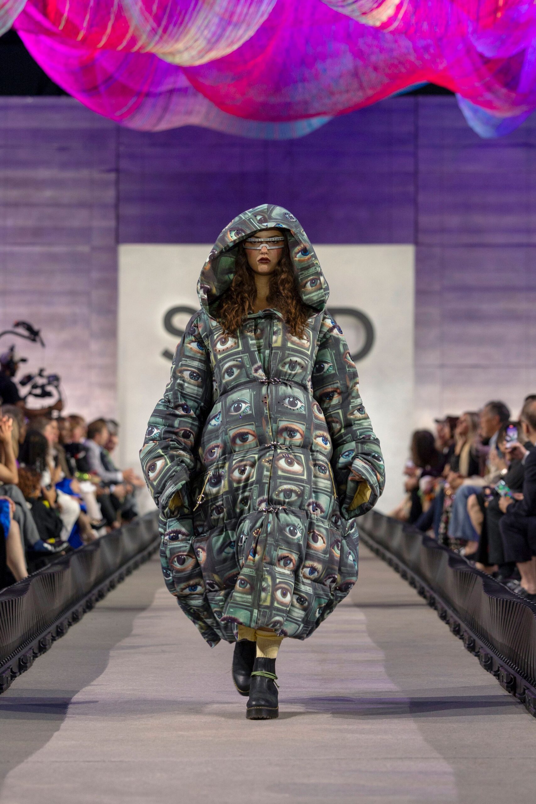 green vinyl hooded oversized printed midi coat