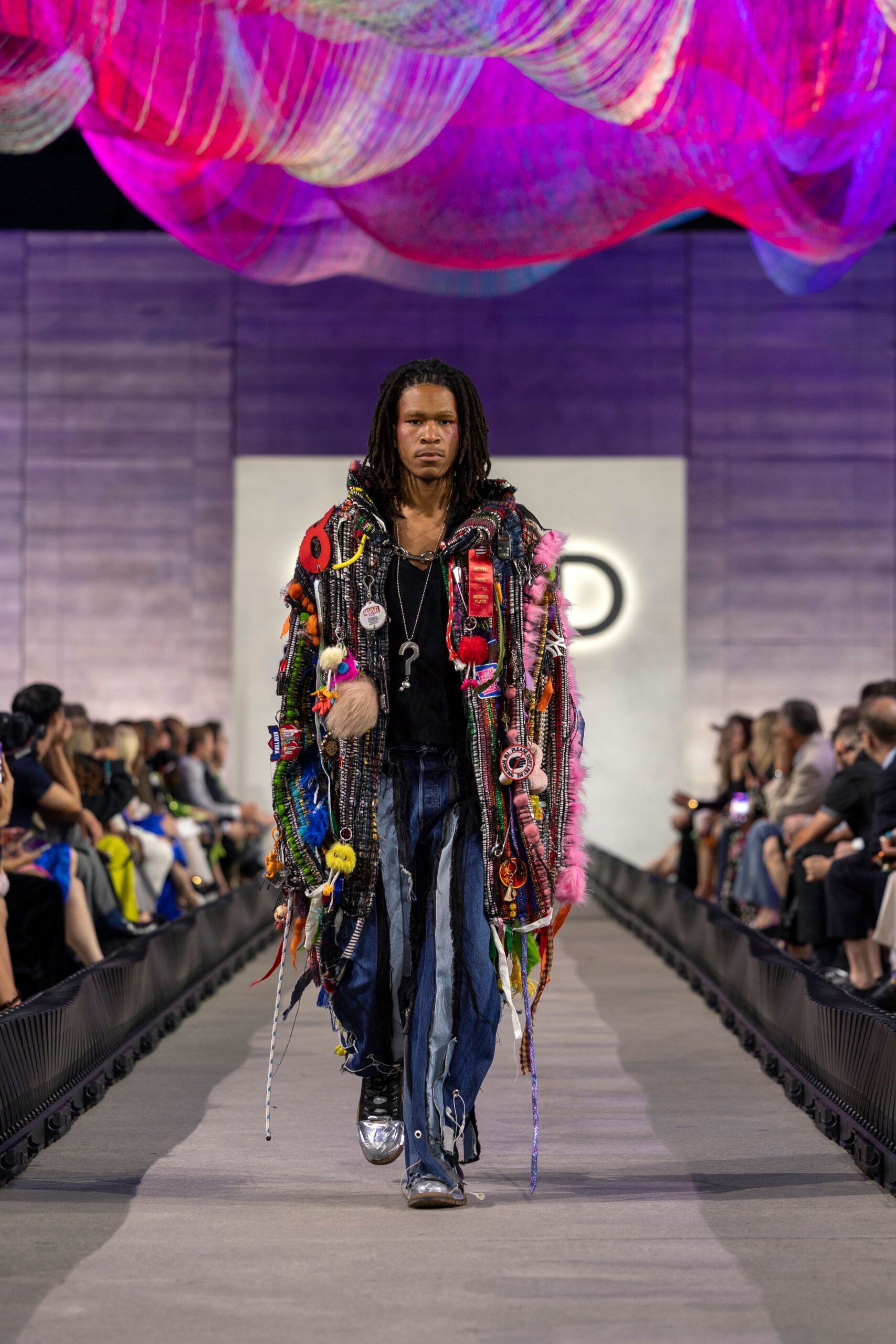 multi denim relaxed layered fringed coat