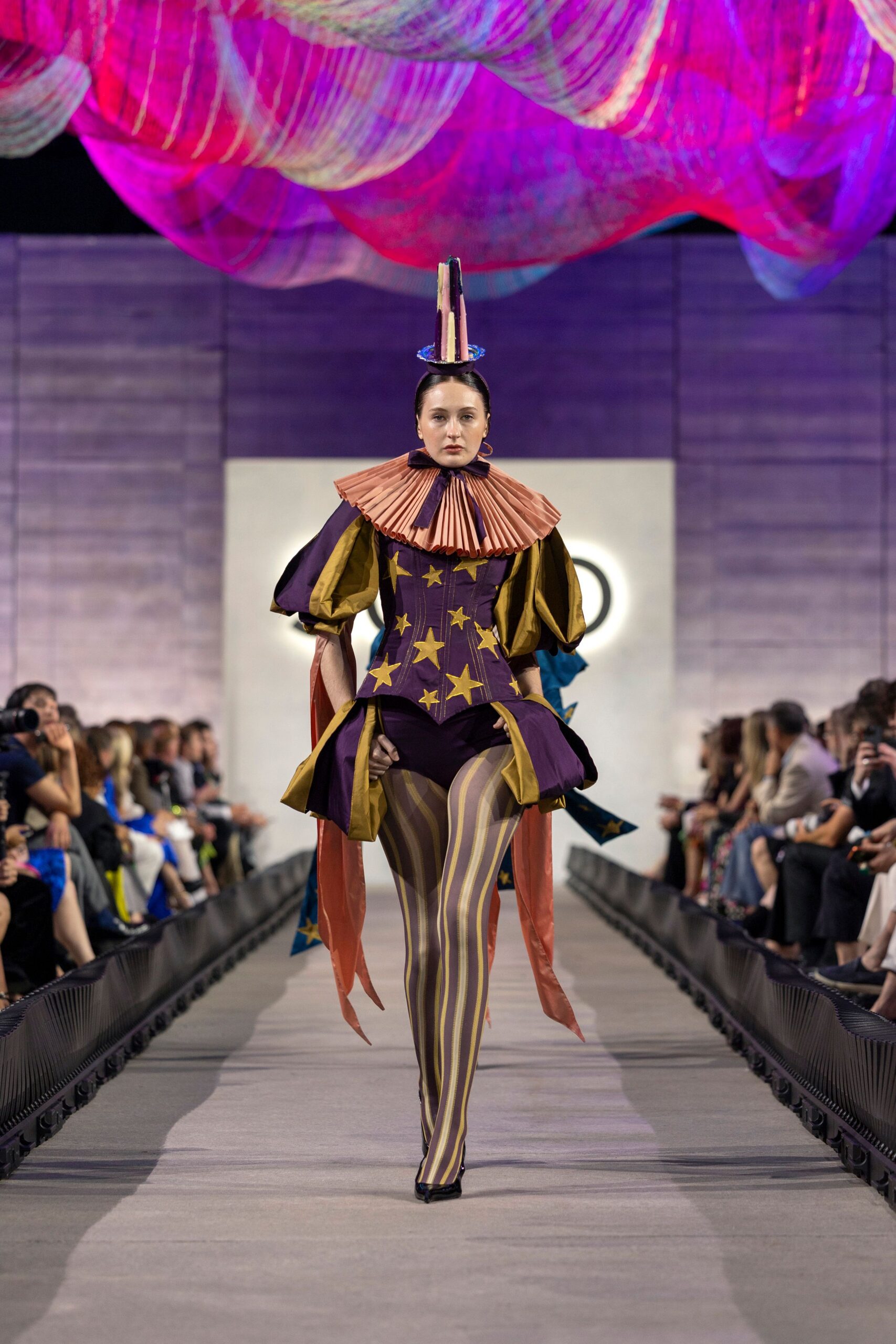 purple silk long-sleeve high-neck fitted pleated embroidered dress
