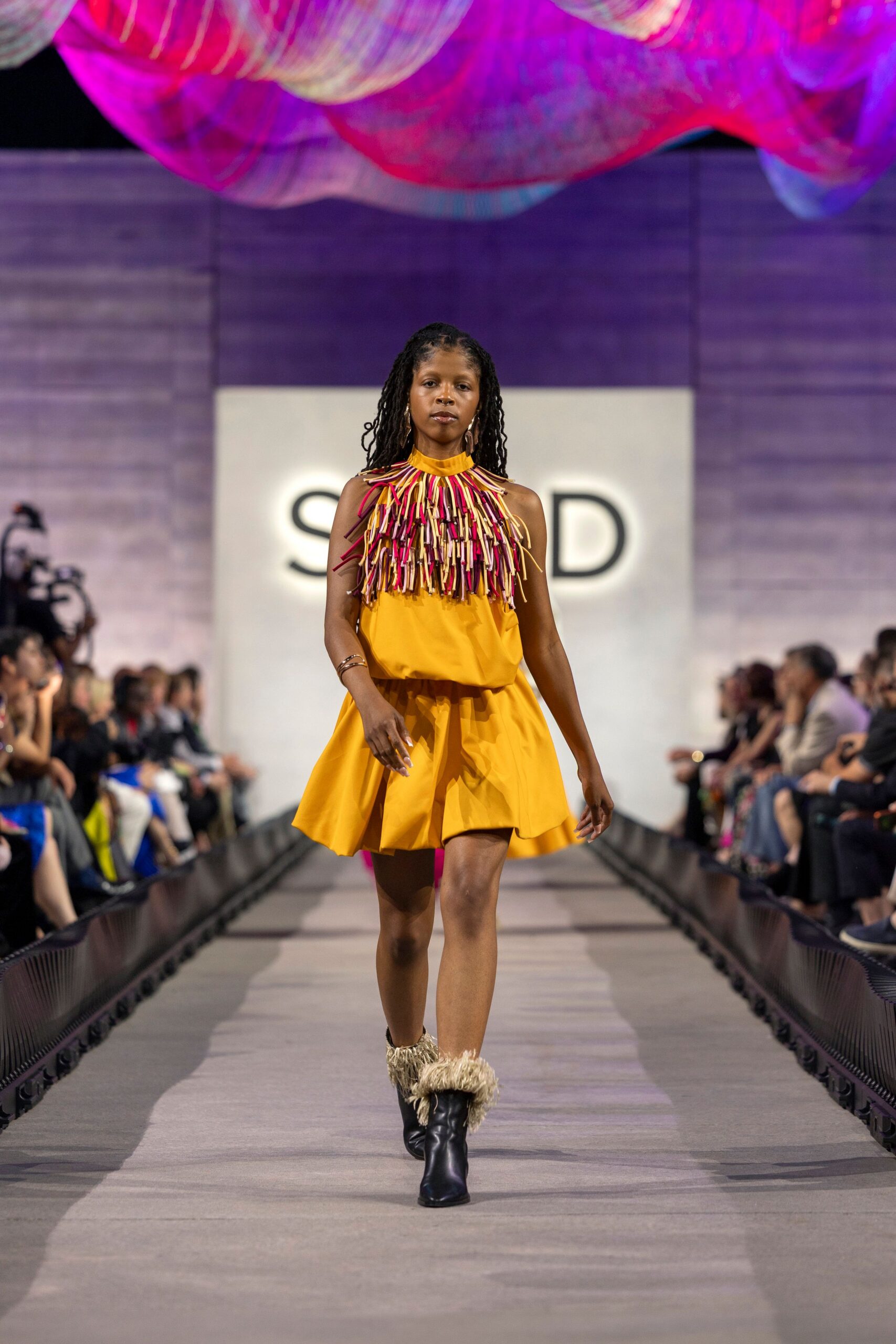 yellow cotton sleeveless halter fitted tiered fringed dress