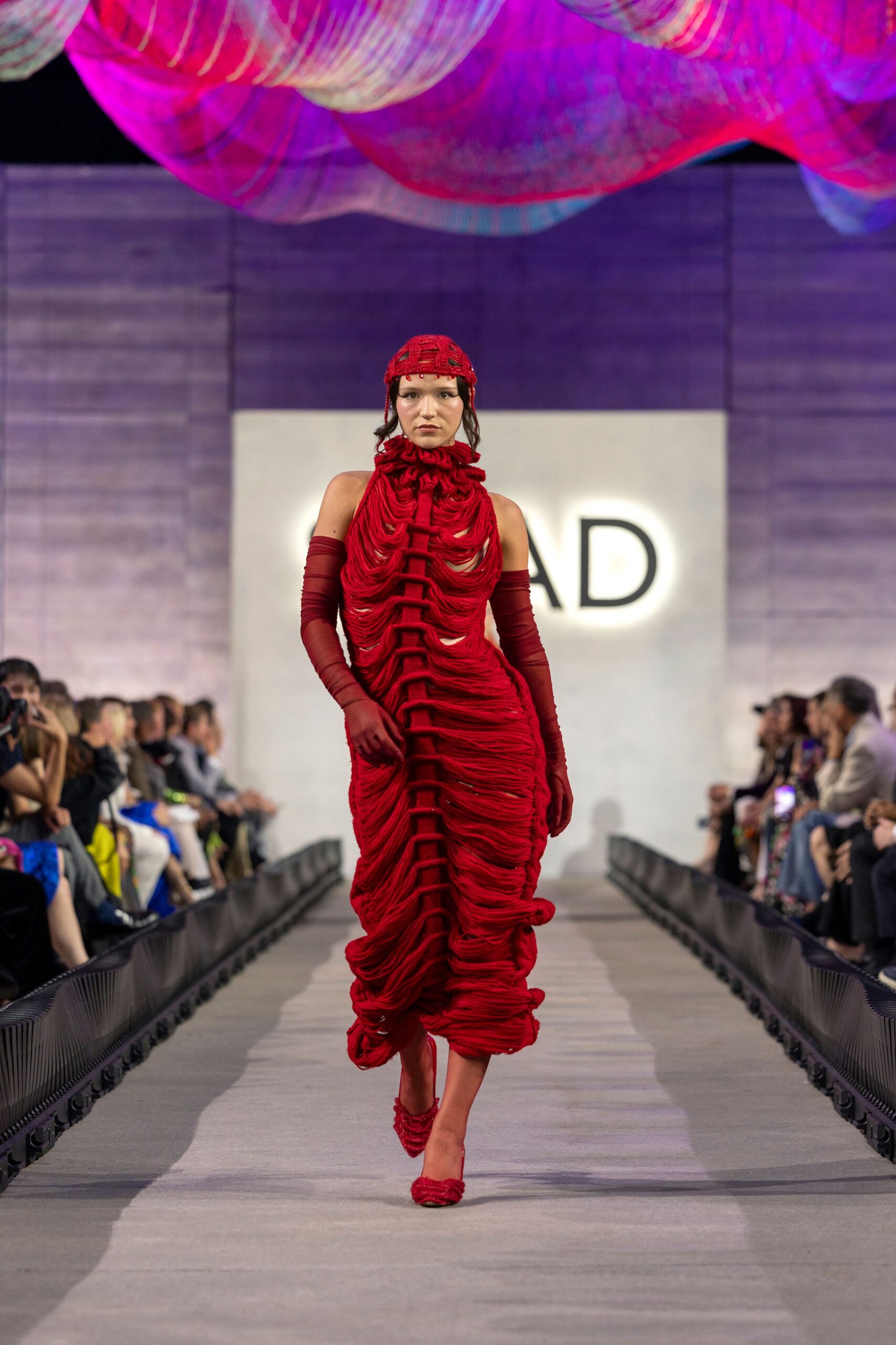 red silk long-sleeve high-neck fitted pleated midi dress