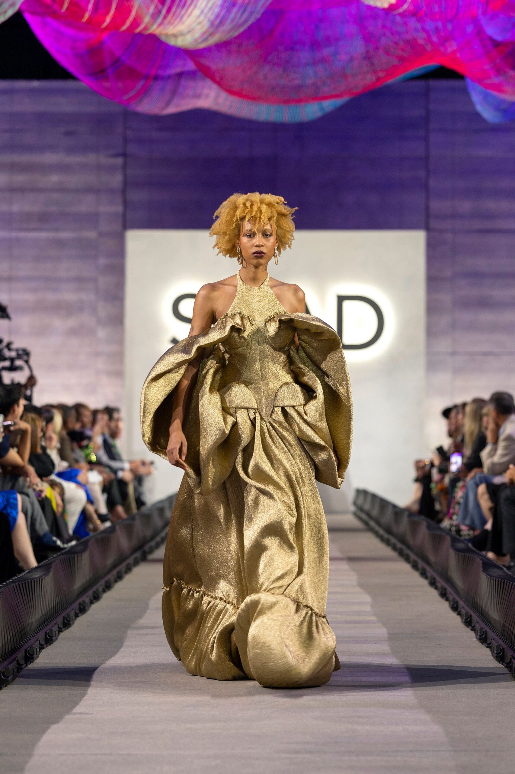 gold silk sleeveless gown