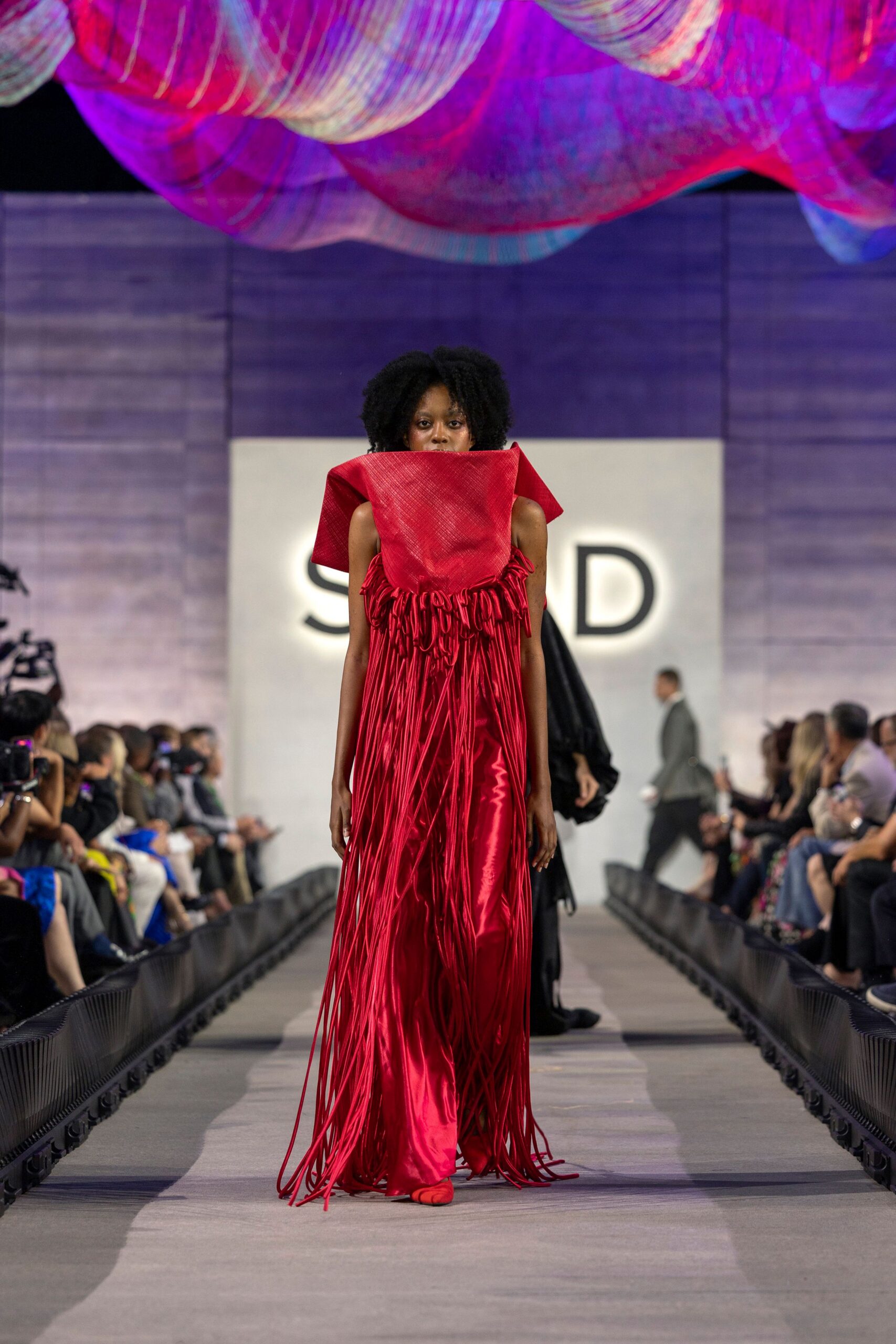 red silk sleeveless gown