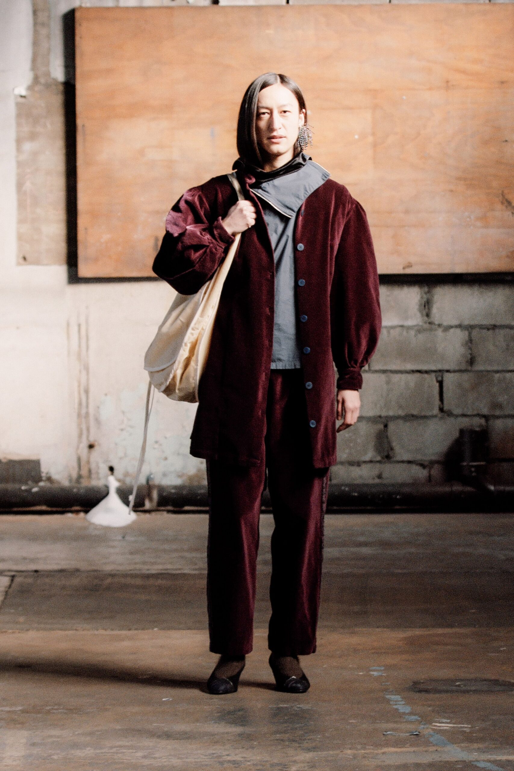 red velvet long-sleeve collared relaxed buttoned jacket