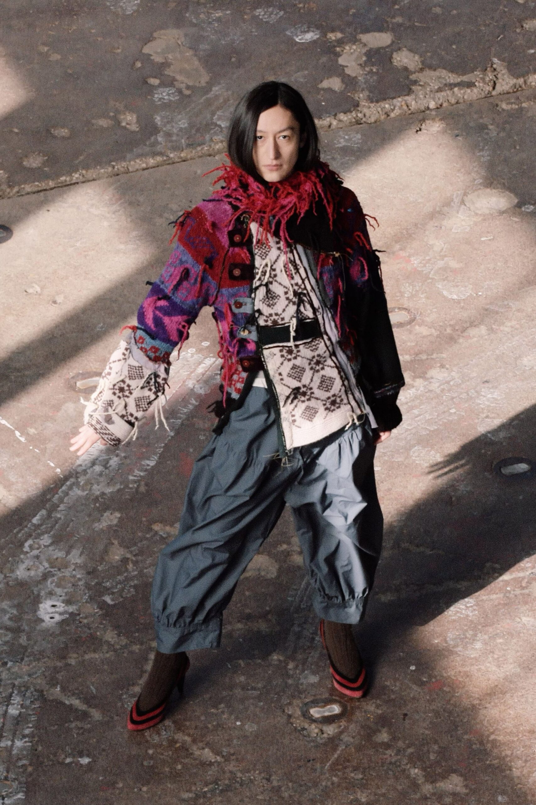 multi cotton long-sleeve collared relaxed embroidered fringed jacket