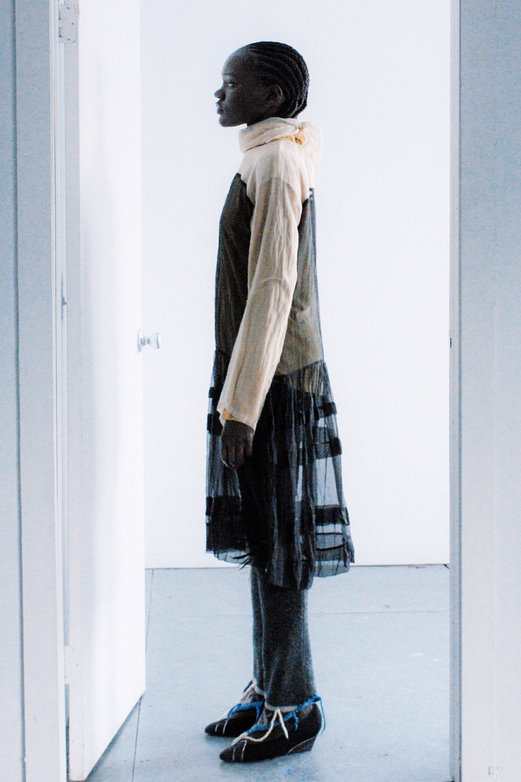 beige cotton long-sleeve collared fitted layered pleated dress