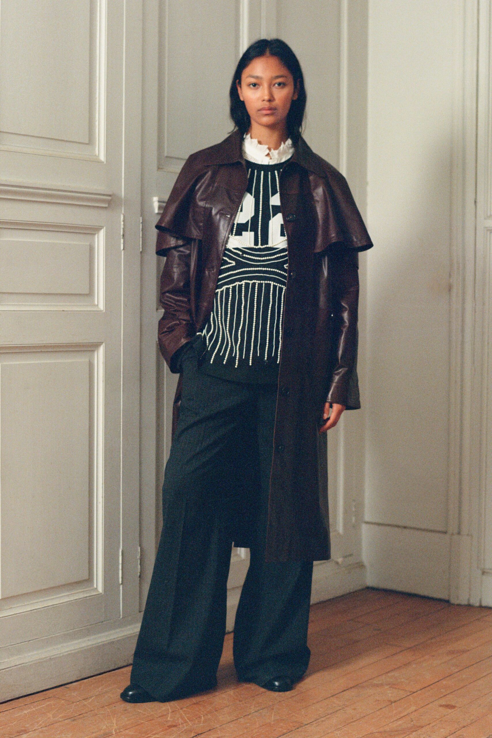brown leather long-sleeve collared relaxed layered coat