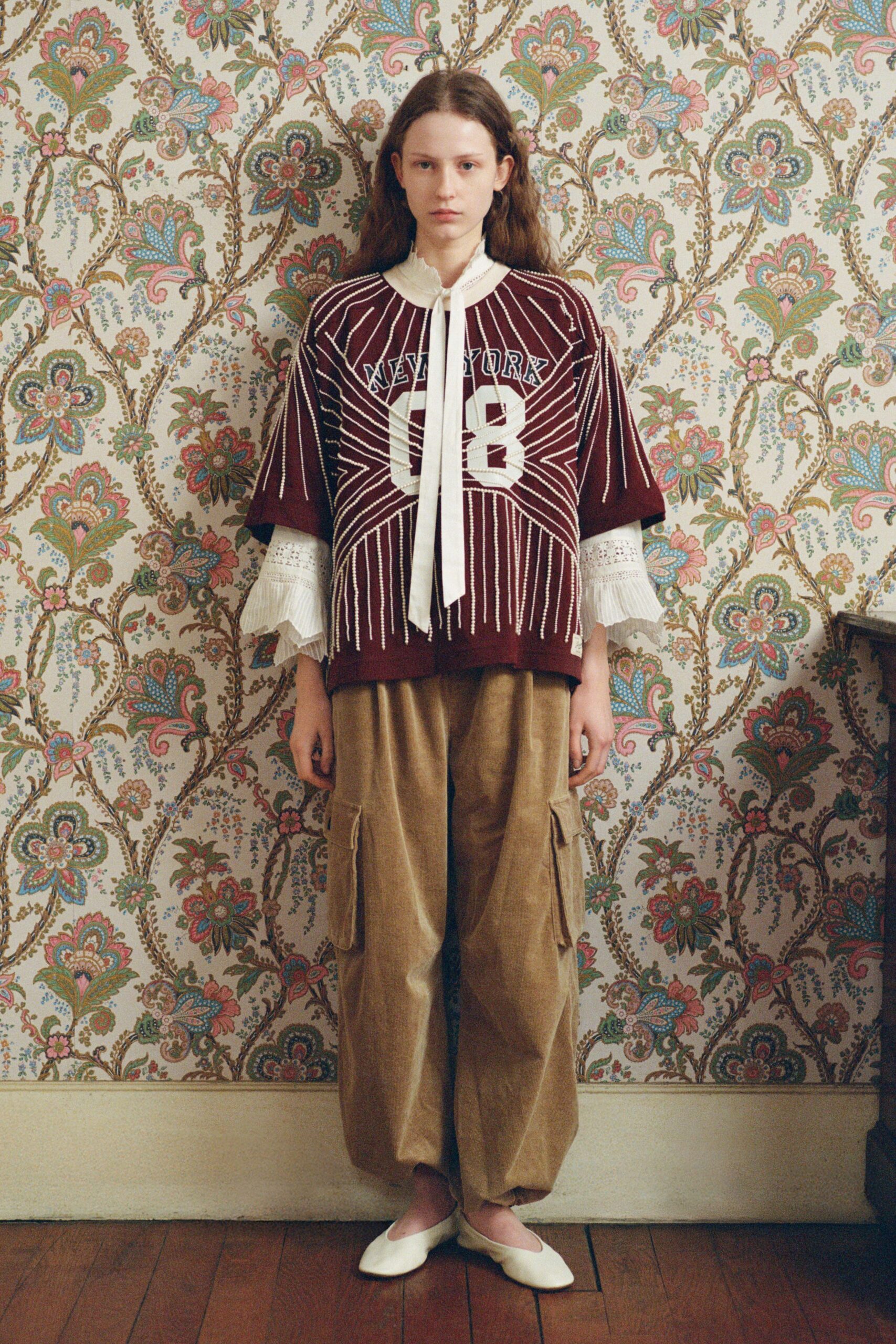 red cotton long-sleeve collared relaxed embroidered top