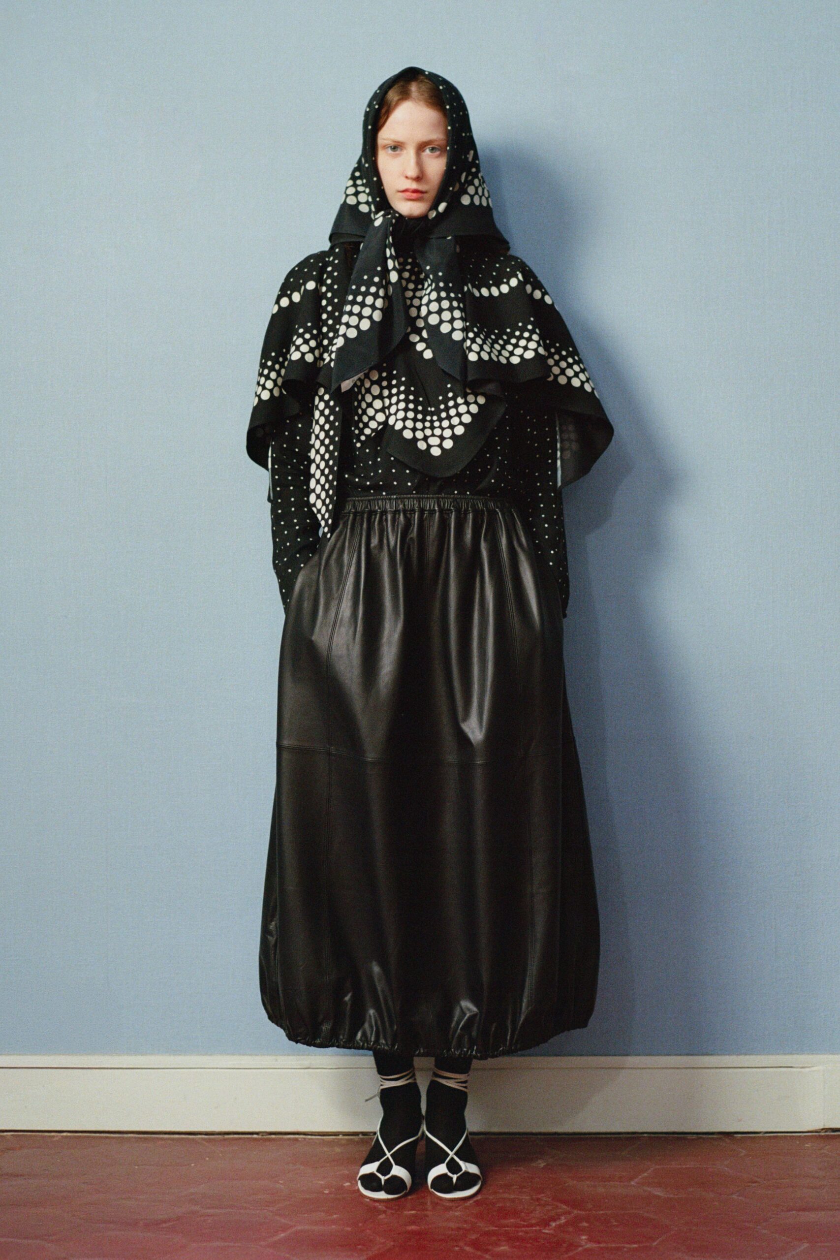 black silk pleated dress with scarf
