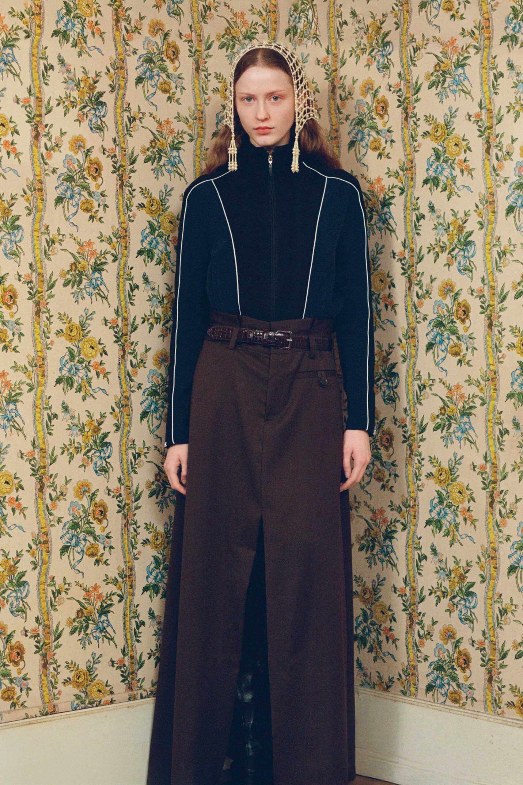 black velvet fitted jacket and brown maxi skirt
