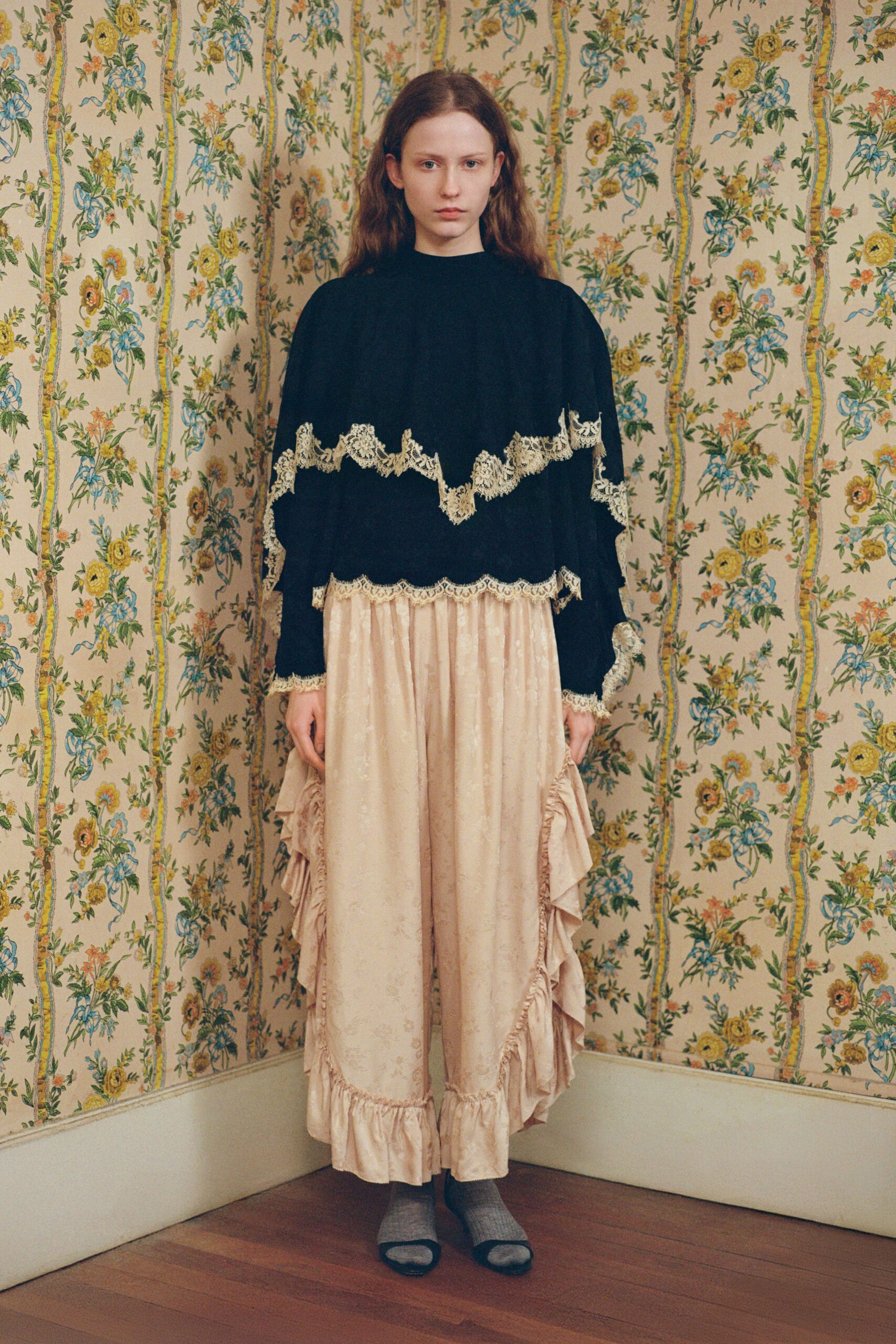 pink silk relaxed tiered ruffled pants