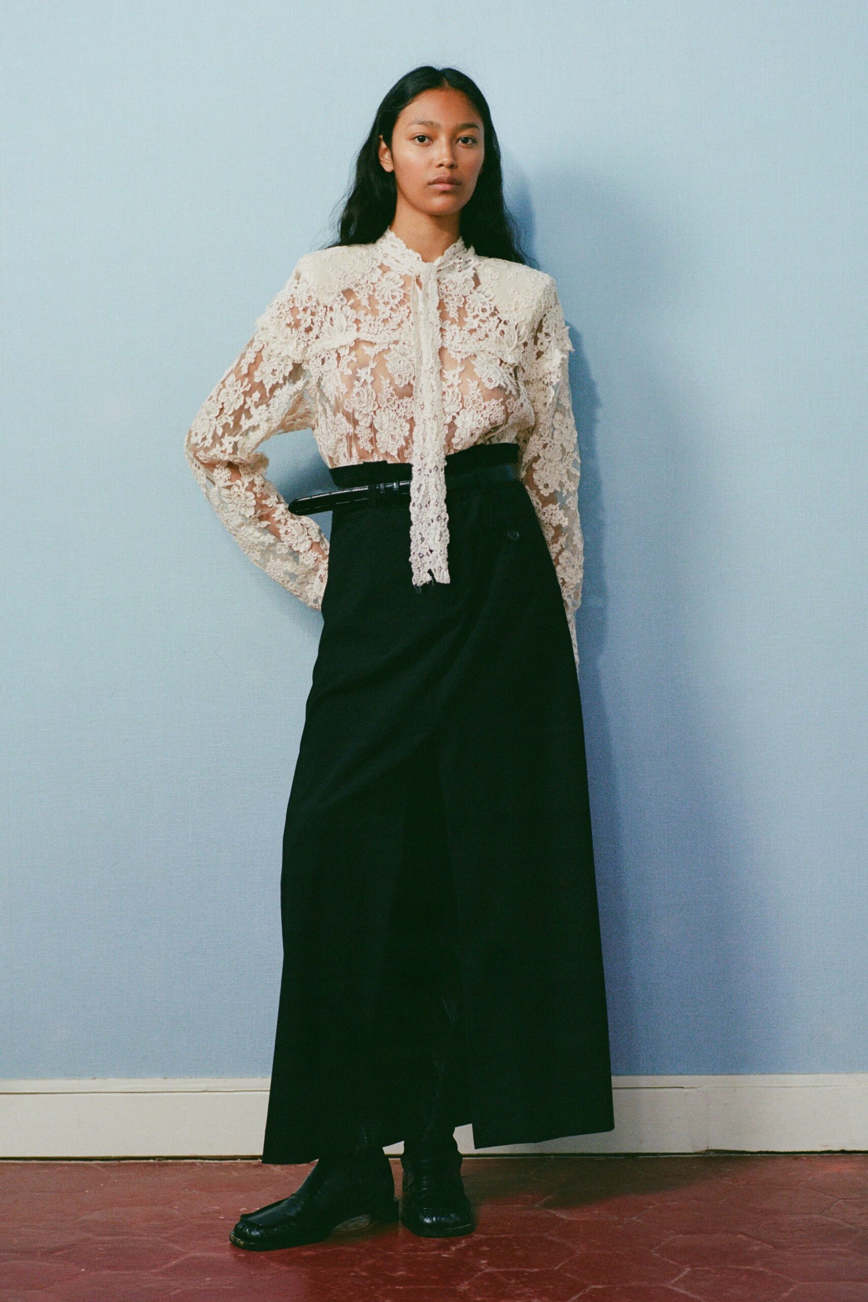 black cotton relaxed straight-leg maxi skirt