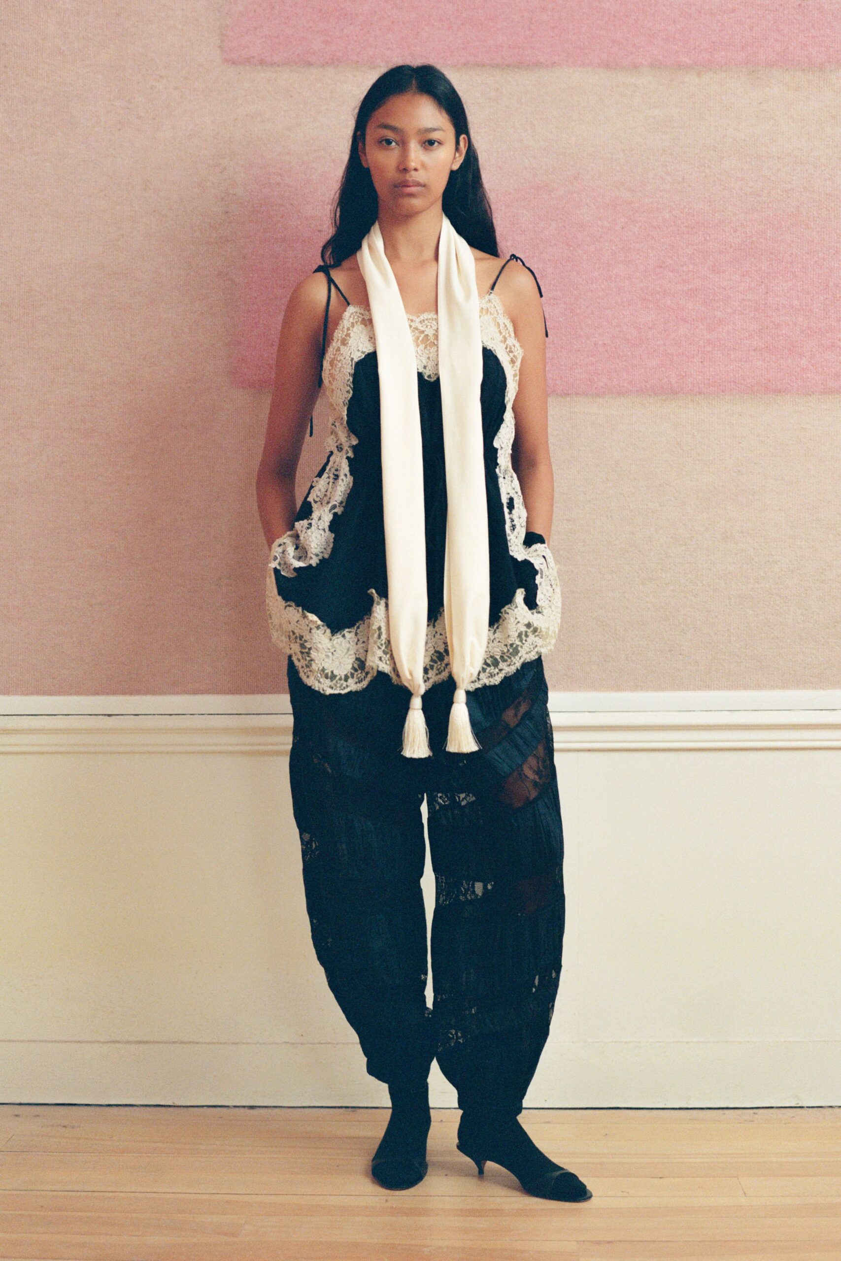 black lace relaxed fringed pants