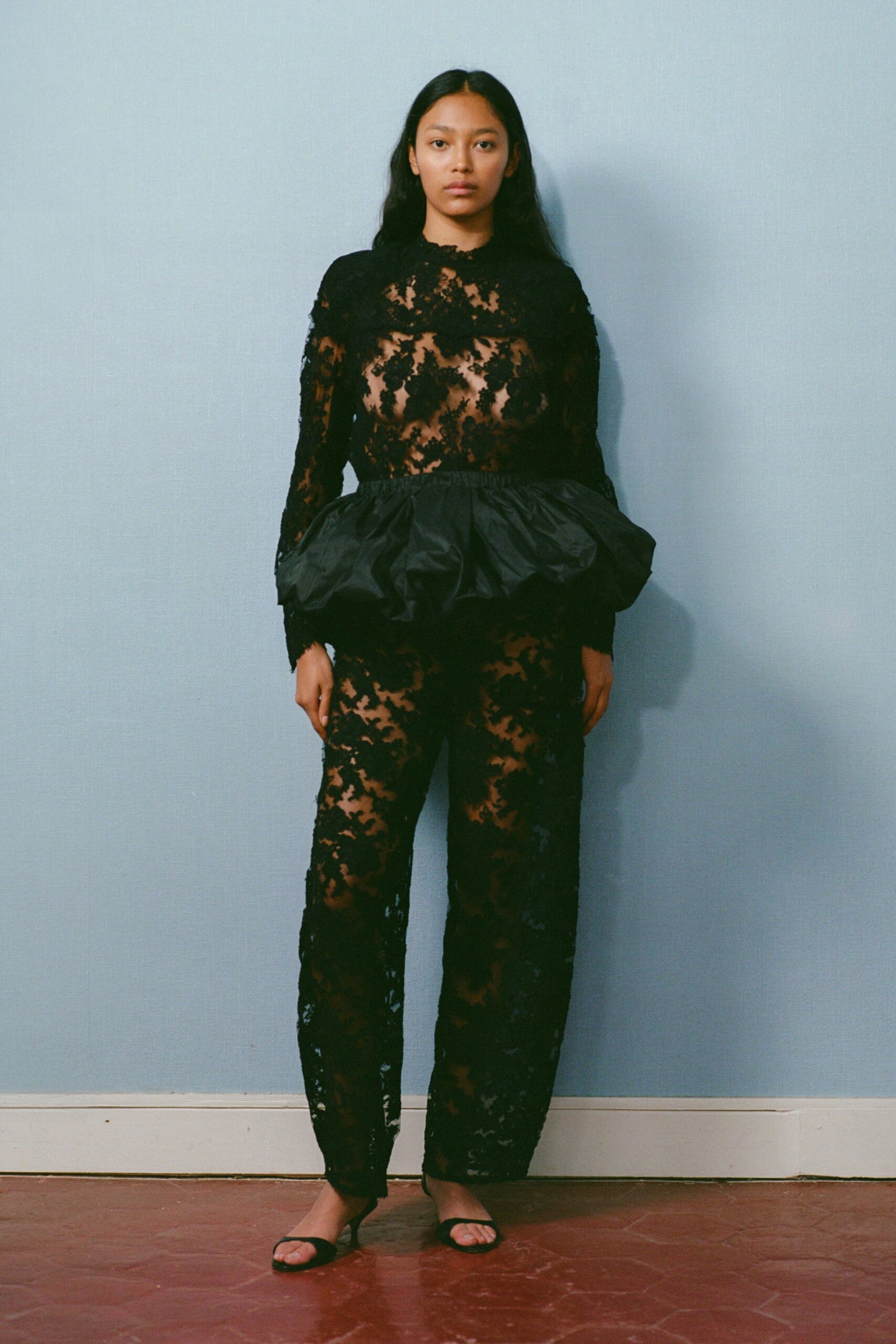 black lace long-sleeve high-neck fitted pleated layered jumpsuit