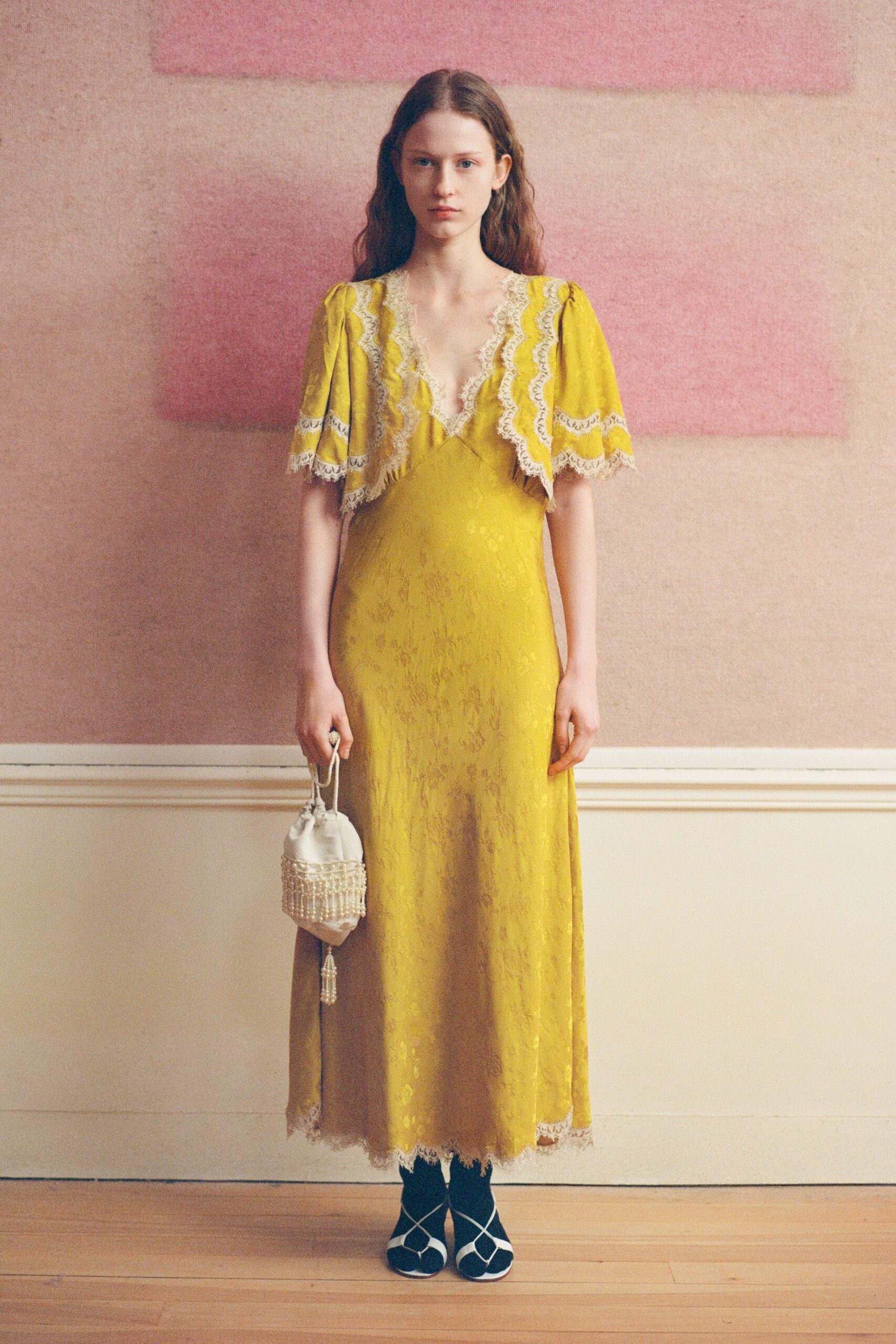 yellow lace short-sleeve v-neck fitted embroidered tiered dress