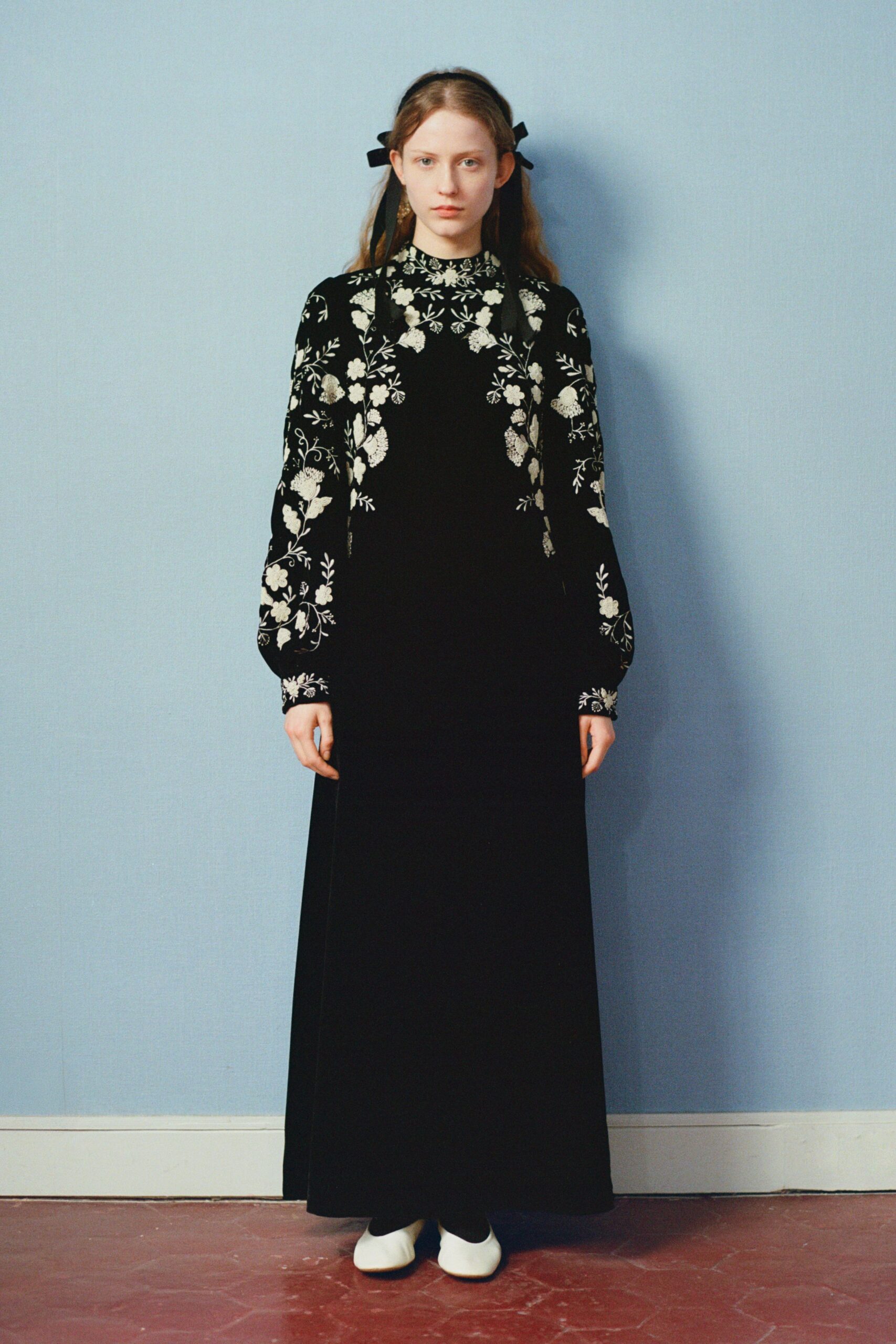 black velvet embroidered gown