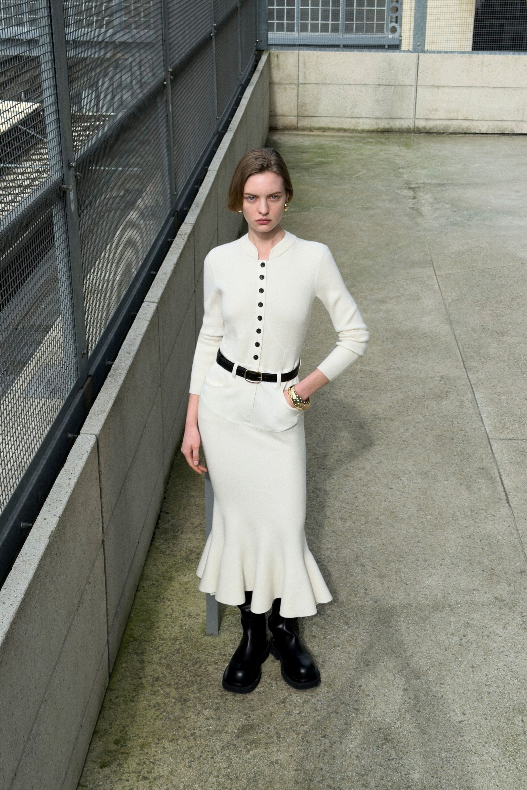 white wool long-sleeve collared fitted buttoned flared dress