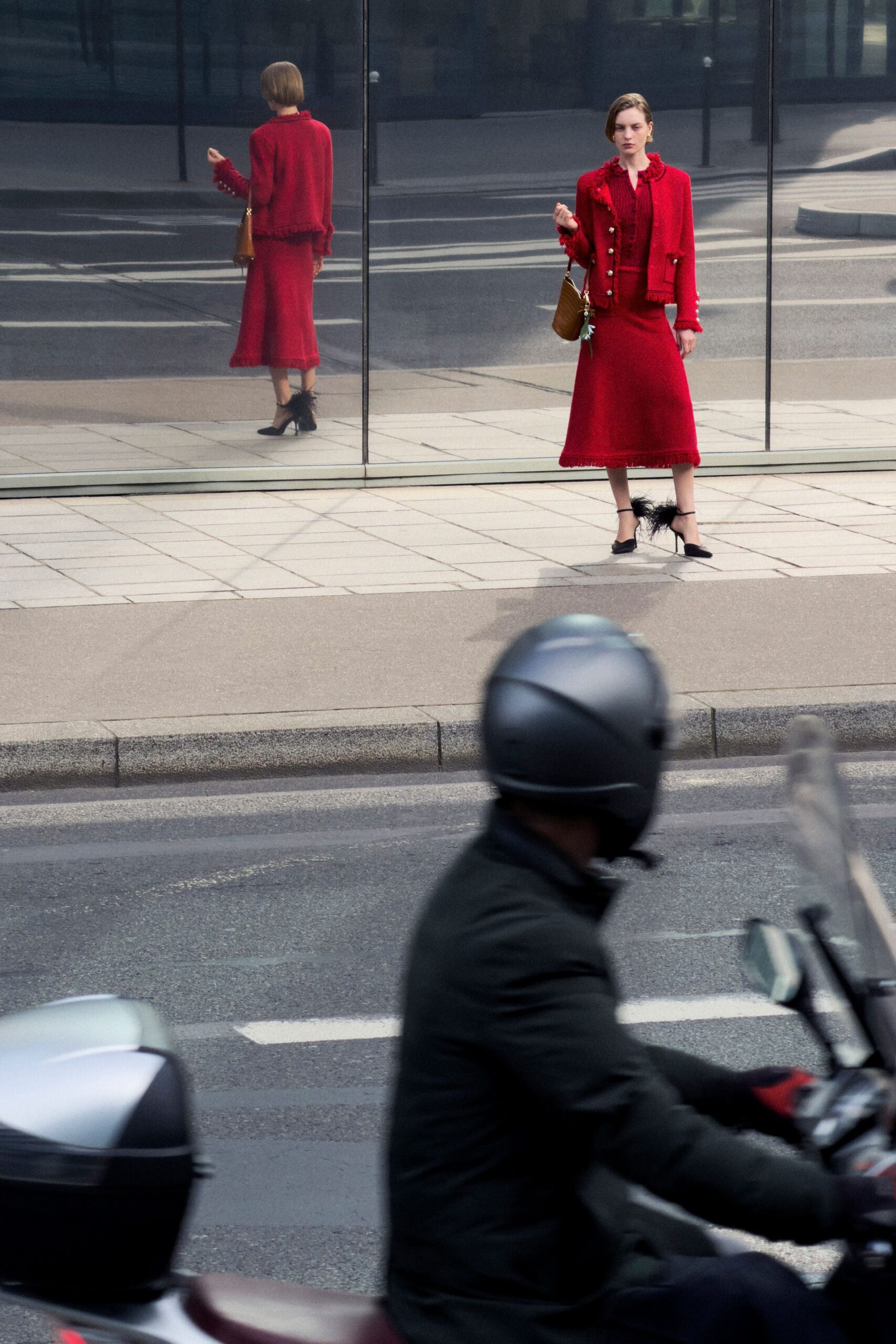 red fitted midi skirt