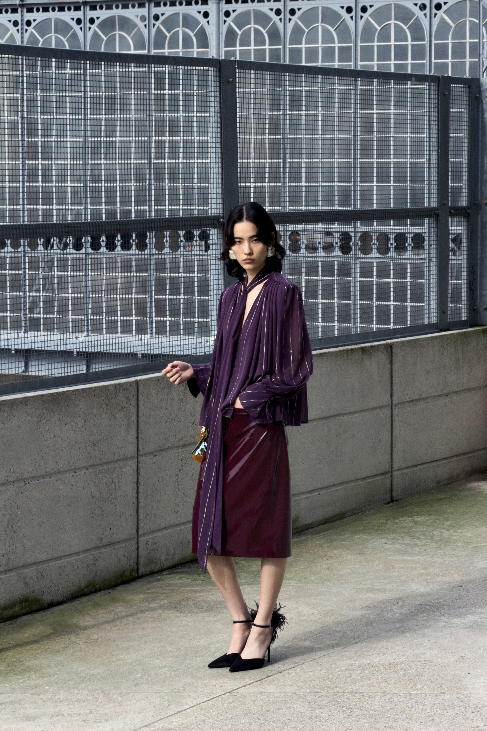 purple silk long-sleeve v-neck fitted draped flowing dress