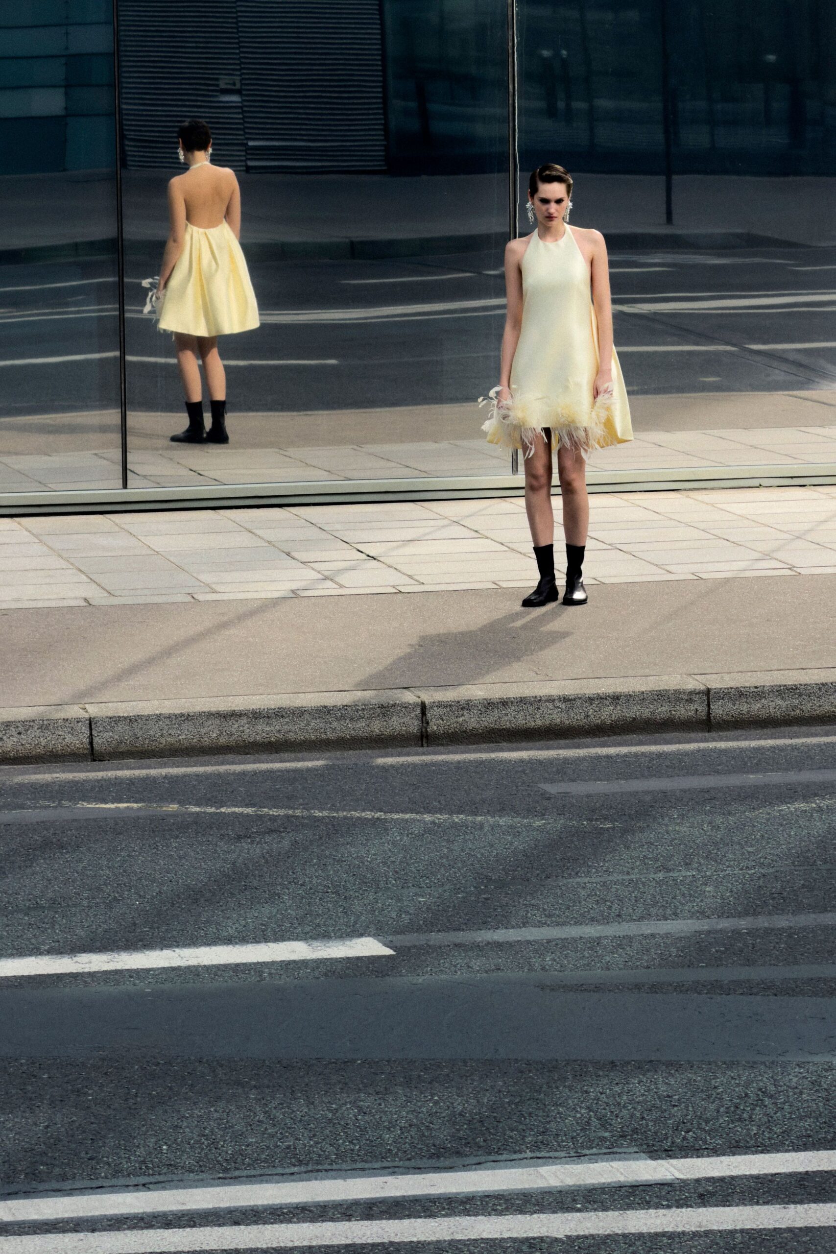 yellow silk sleeveless high-neck fitted tiered fringed dress
