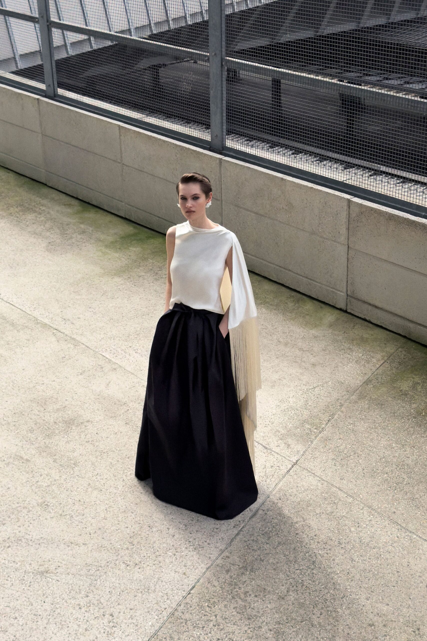 white silk top and black skirt