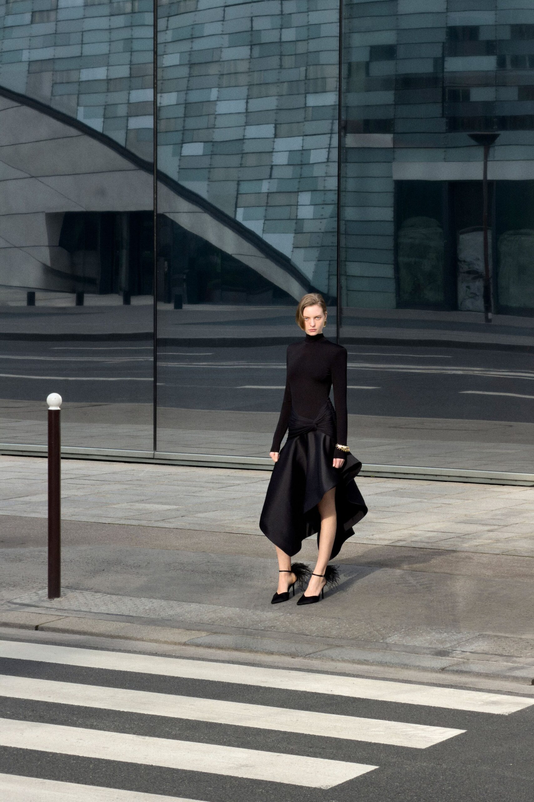 black wool long-sleeve high-neck fitted flared midi dress