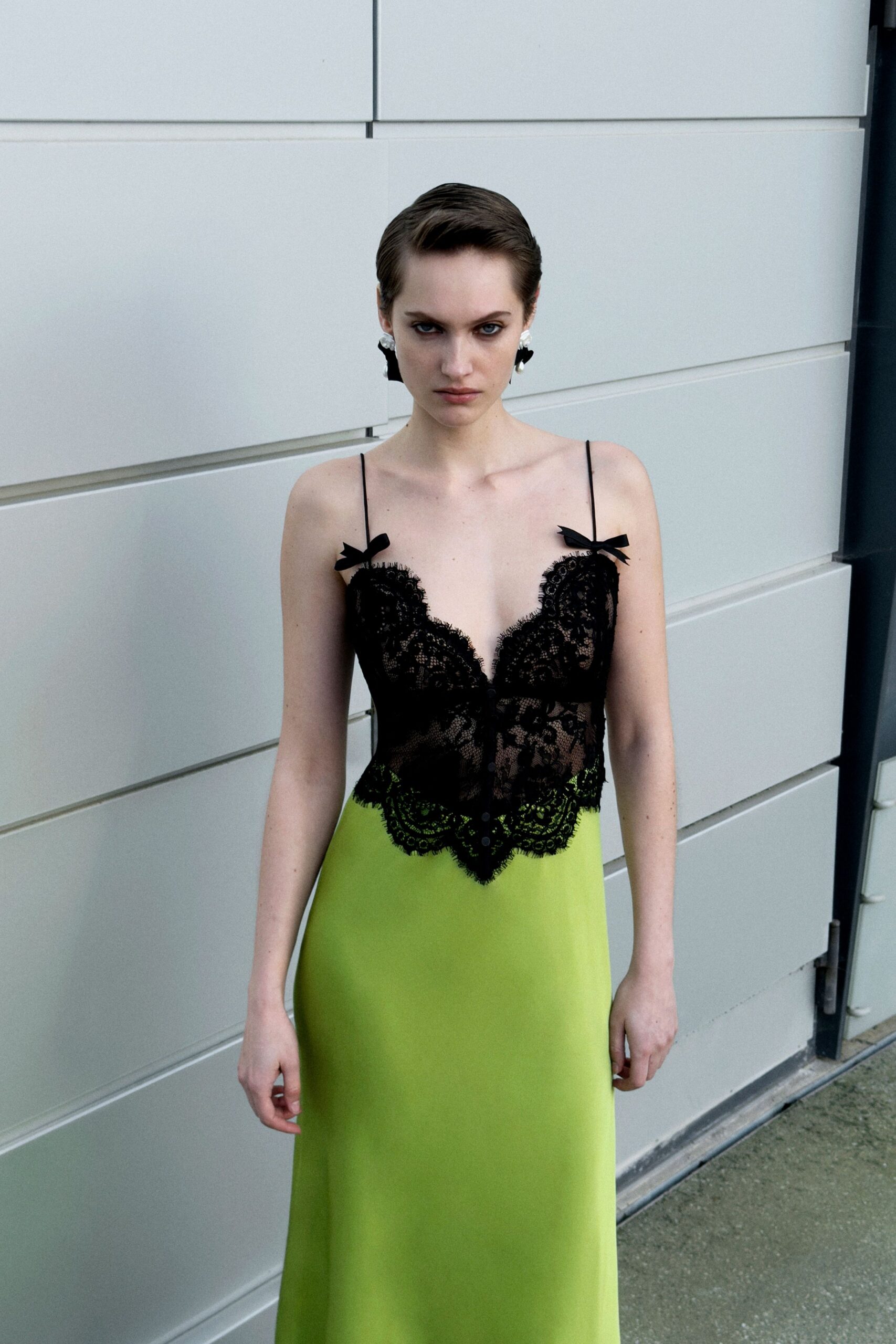 green silk embroidered gown